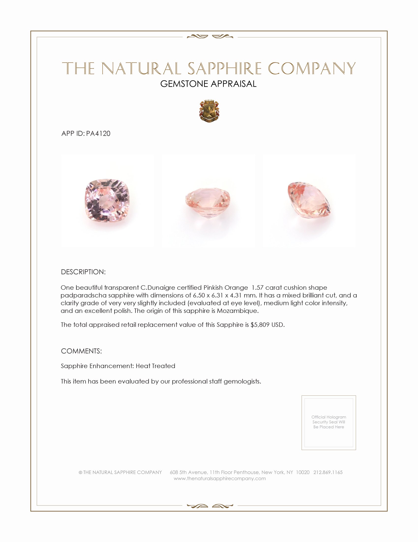 1.57 Ct. Padparadscha Sapphire from Mozambique
