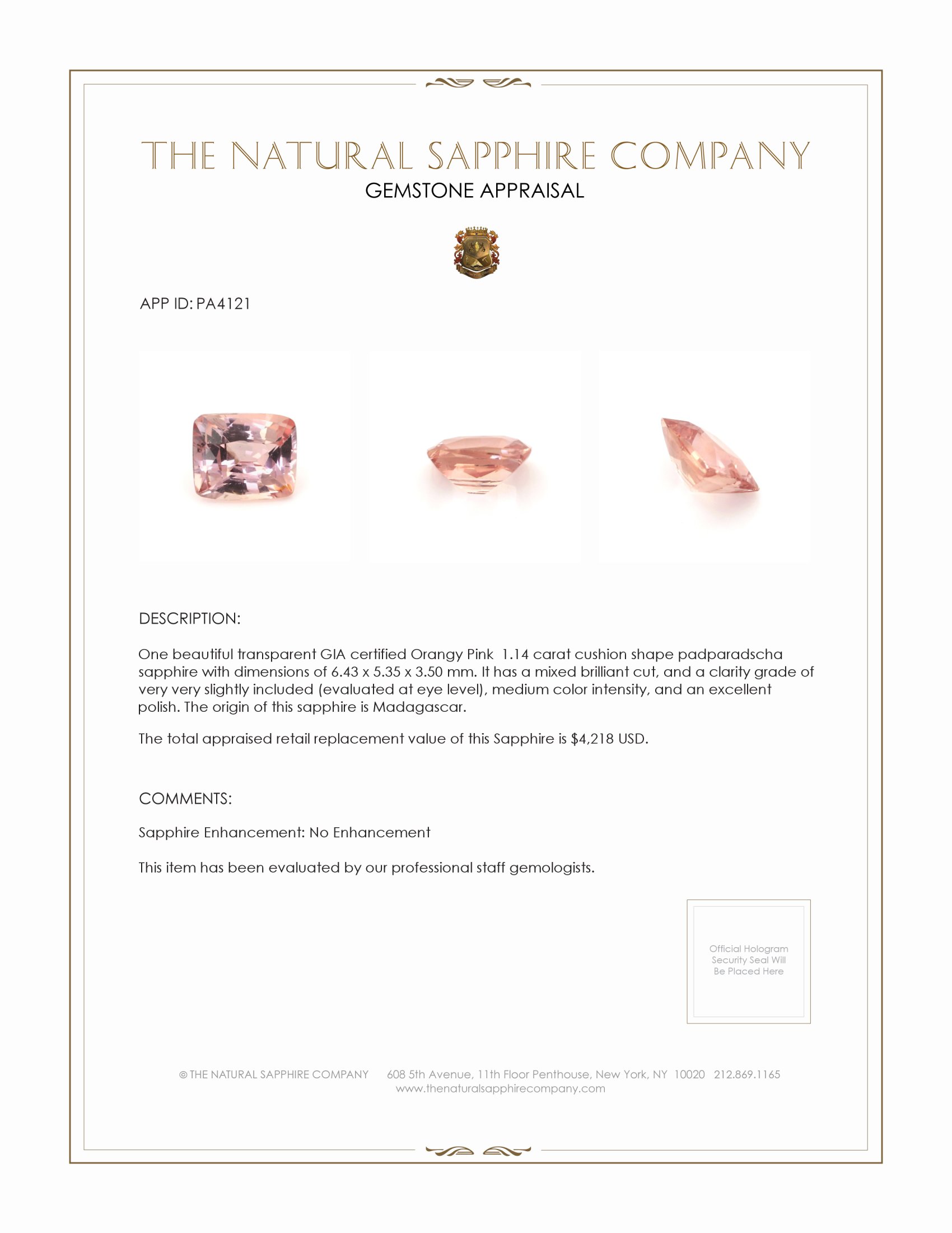 1.14 Ct. Padparadscha Sapphire from Madagascar