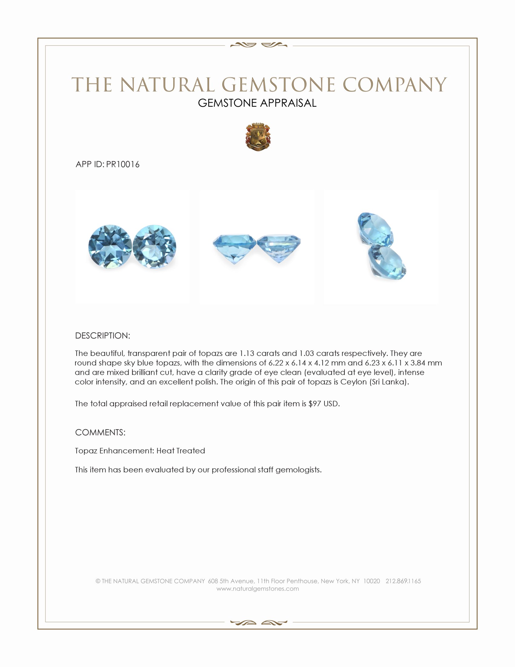2.16 Ct.Tw. Sky Blue Topaz Pair from Ceylon (Sri Lanka)