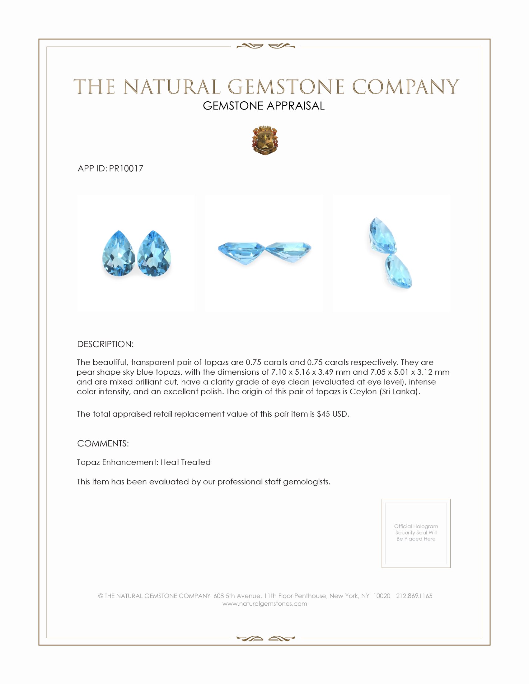 1.66 Ct.Tw. Sky Blue Topaz Pair from Ceylon (Sri Lanka)