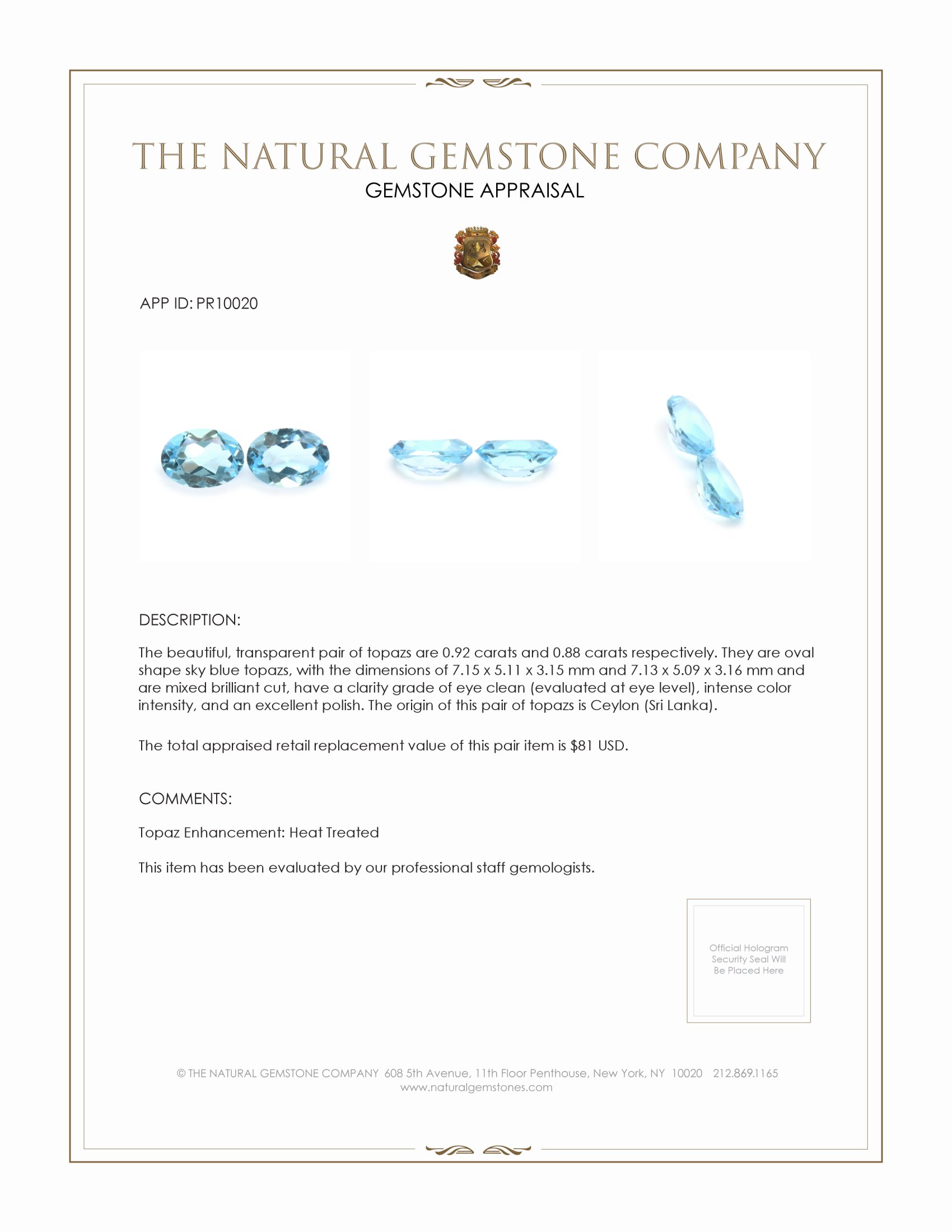 1.80 Ct.Tw. Sky Blue Topaz Pair from Ceylon (Sri Lanka)