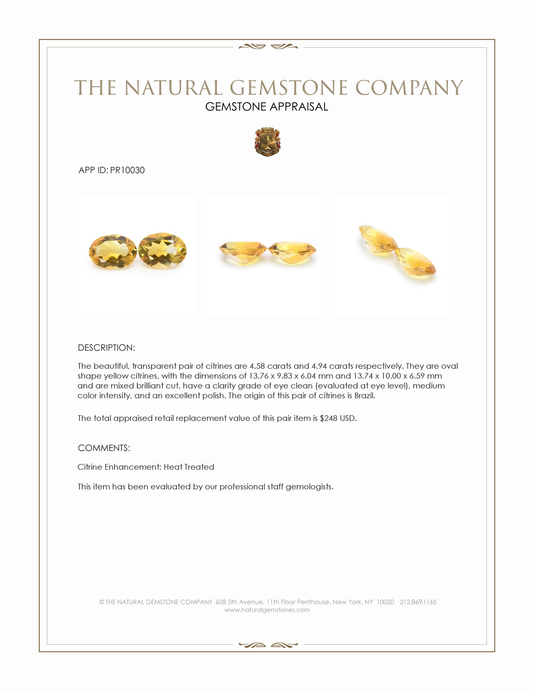 9.52 Ct.Tw. Yellow Citrine Pair from Brazil