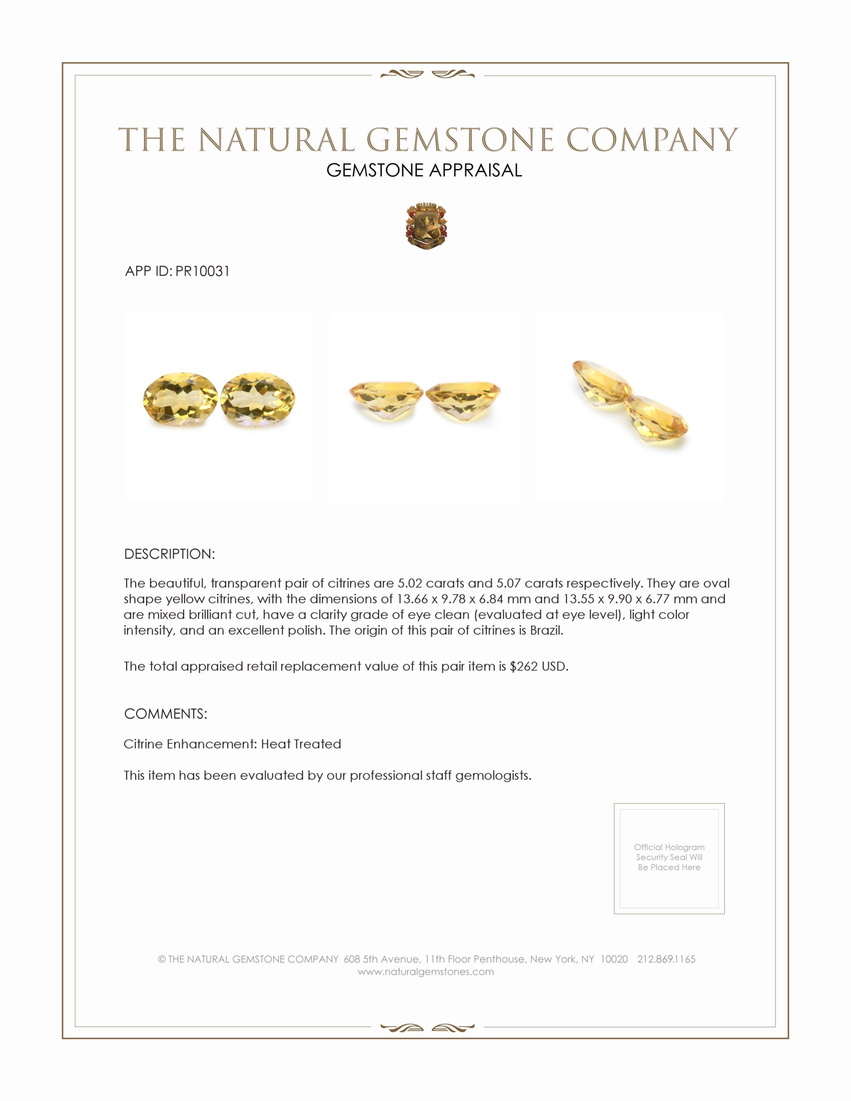 10.09 Ct.Tw. Yellow Citrine Pair from Brazil