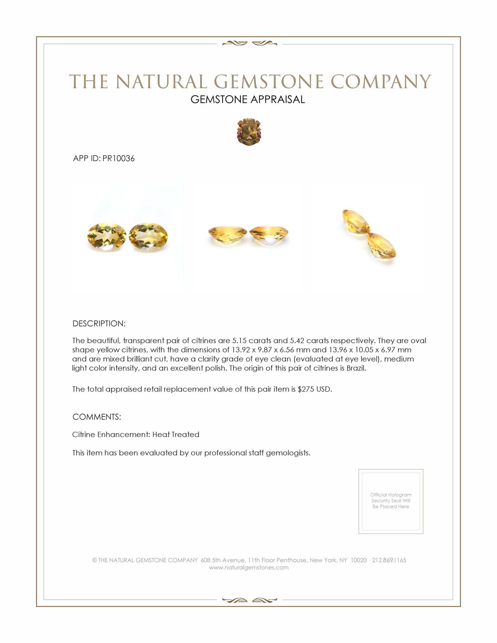 10.57 Ct.Tw. Yellow Citrine Pair from Brazil
