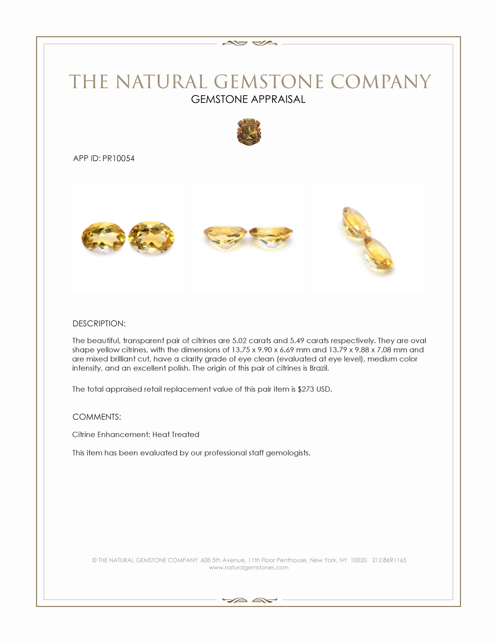 10.51 Ct.Tw. Yellow Citrine Pair from Brazil