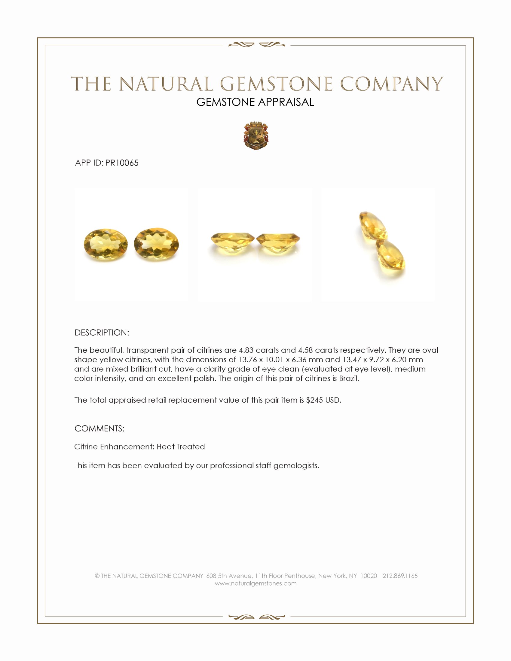 9.41 Ct.Tw. Yellow Citrine Pair from Brazil