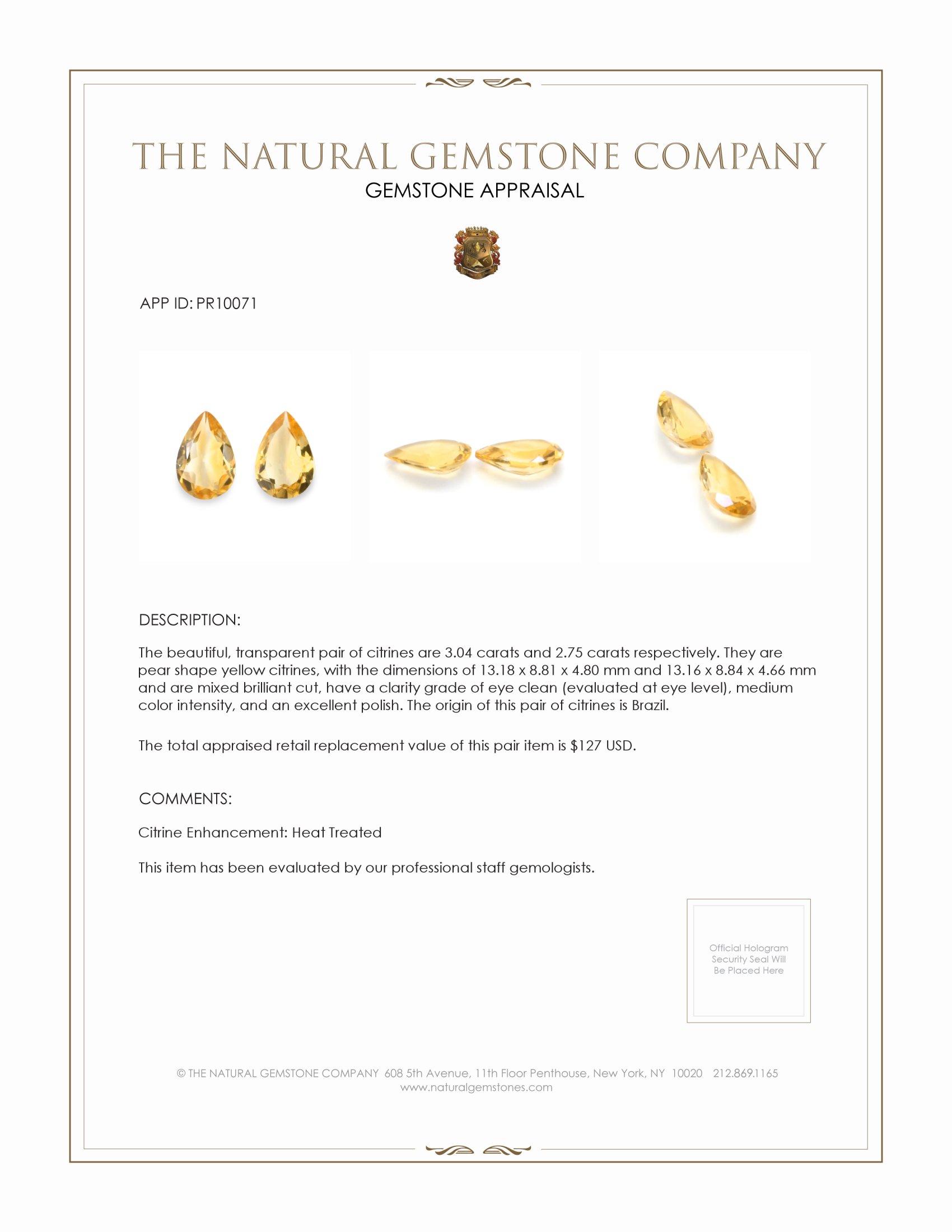 5.79 Ct.Tw. Yellow Citrine Pair from Brazil