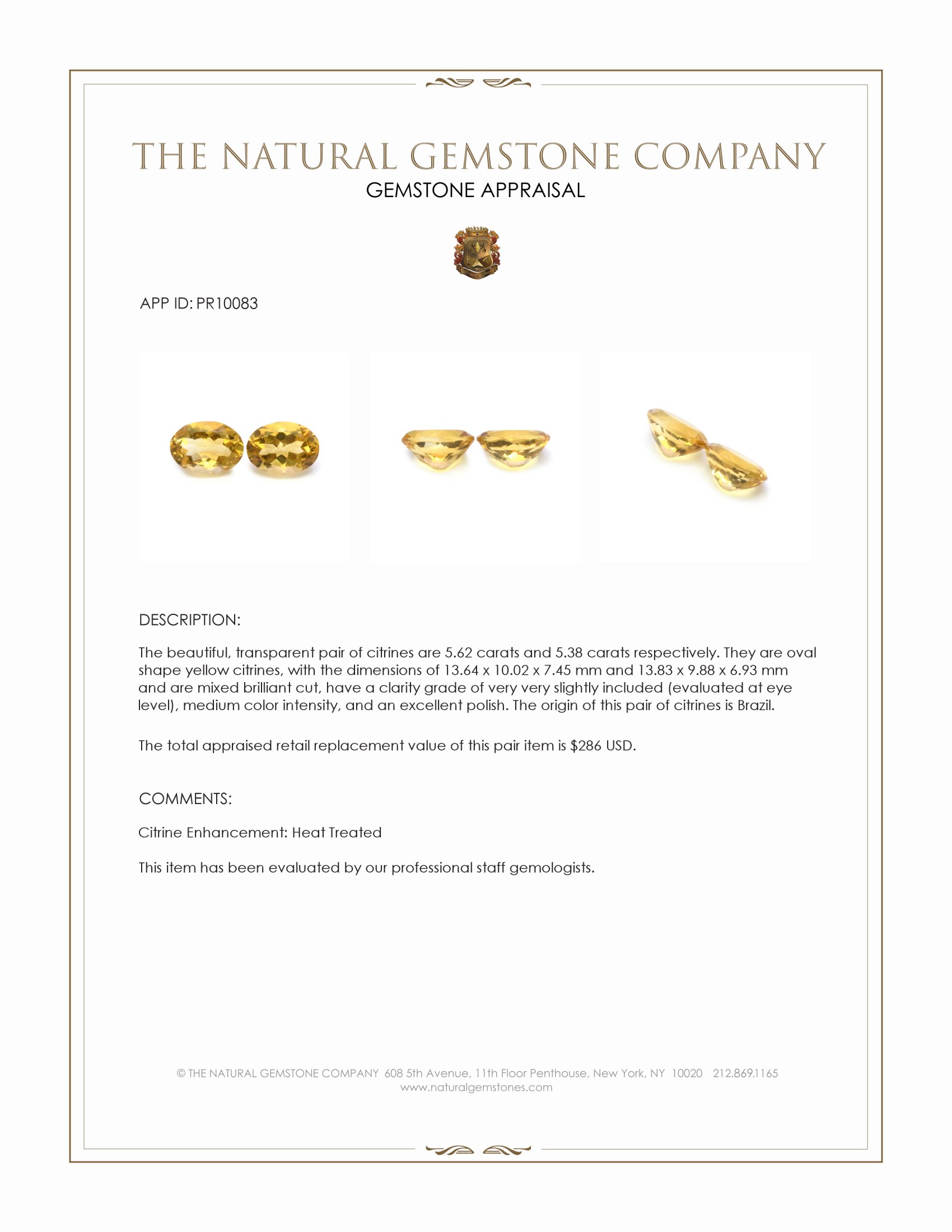 11.00 Ct.Tw. Yellow Citrine Pair from Brazil