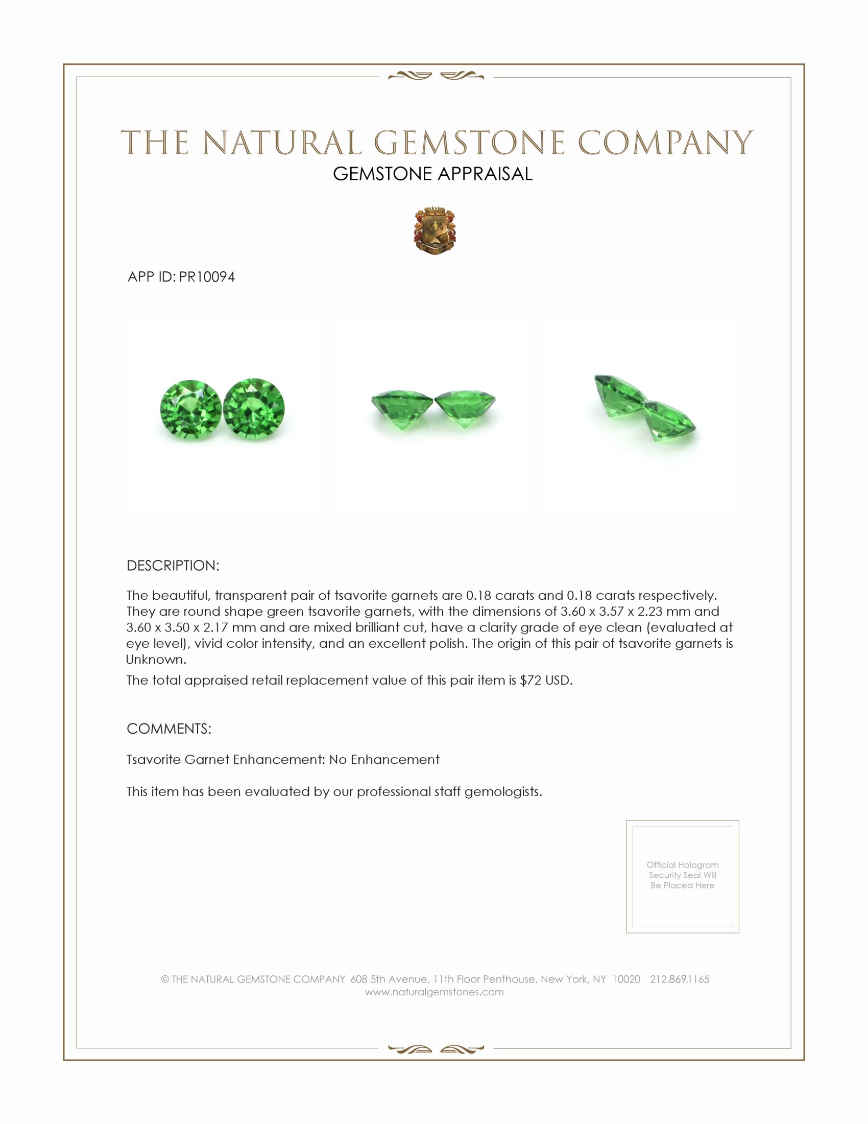 0.38 Ct.Tw. Tsavorite Garnet Pair from Tanzania