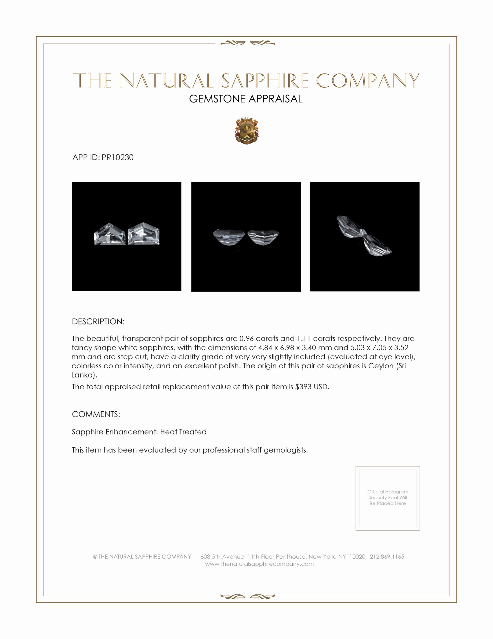 2.07 Ct.Tw. White Sapphire Pair from Ceylon (Sri Lanka)