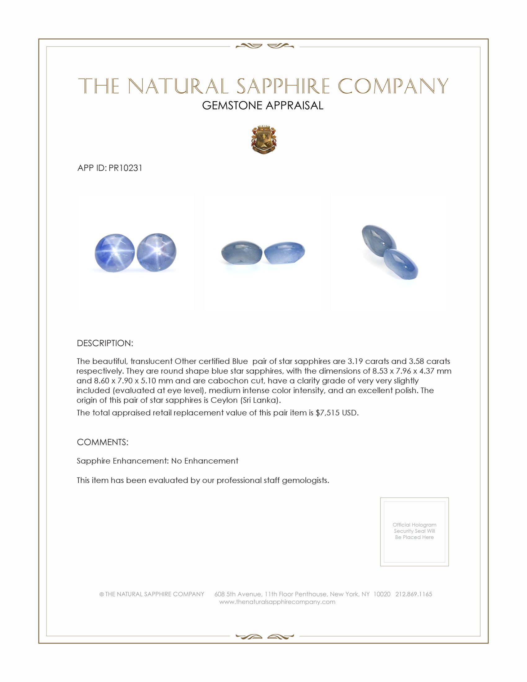6.77 Ct.Tw. Blue Star Sapphire Pair from Ceylon (Sri Lanka)