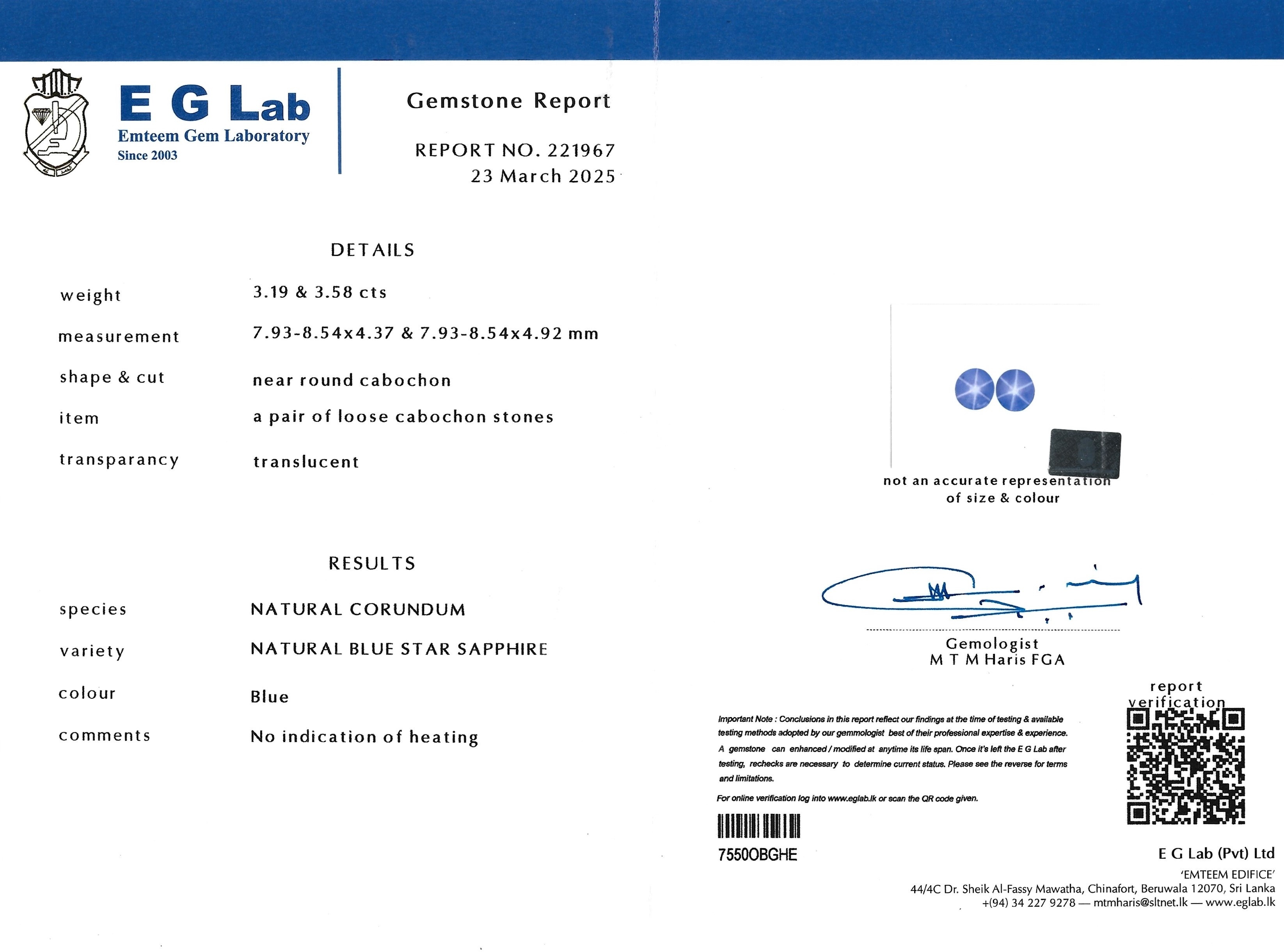 6.77 Ct.Tw. Blue Star Sapphire Pair from Ceylon (Sri Lanka)