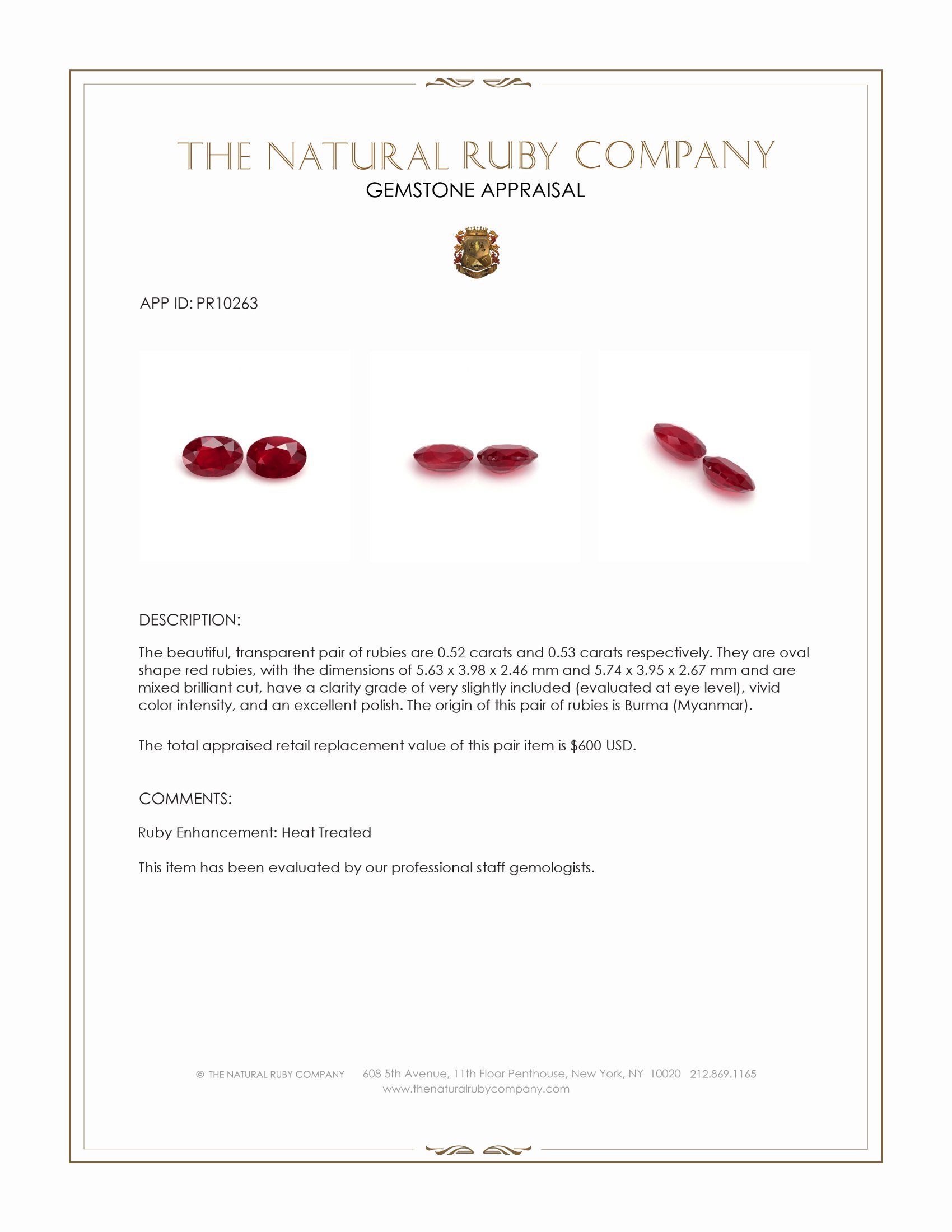 1.05 Ct.Tw. Ruby Pair from Burma (Myanmar)