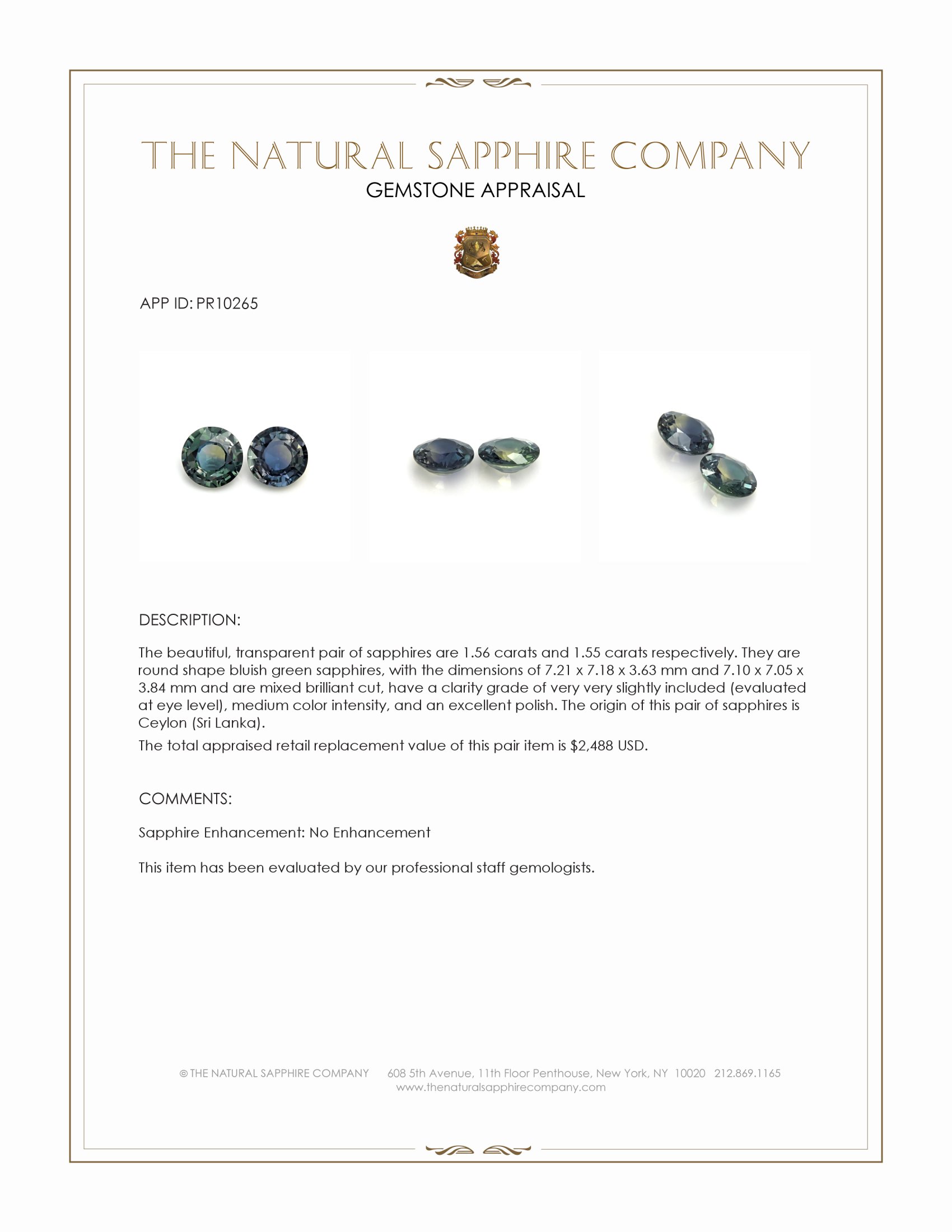 3.11 Ct.Tw. Bluish Green Sapphire Pair from Ceylon (Sri Lanka)