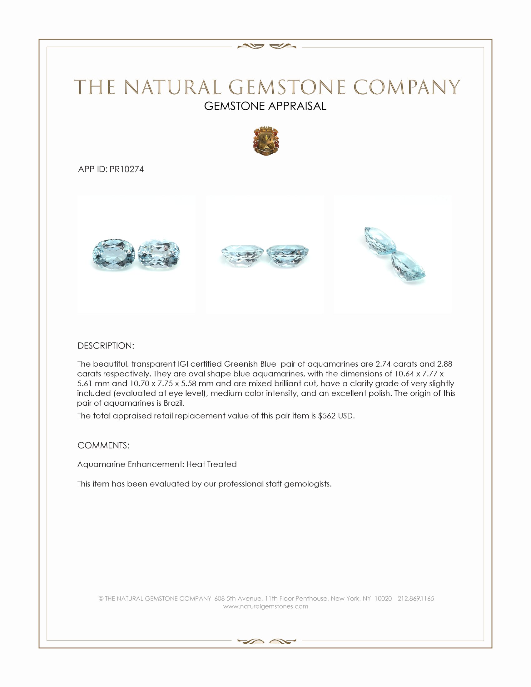 5.62 Ct.Tw. Blue Aquamarine Pair from Brazil