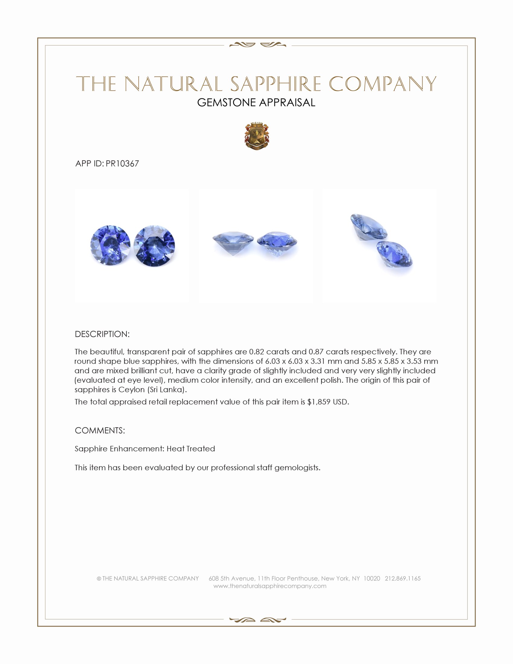1.69 Ct.Tw. Blue Sapphire Pair from Ceylon (Sri Lanka)
