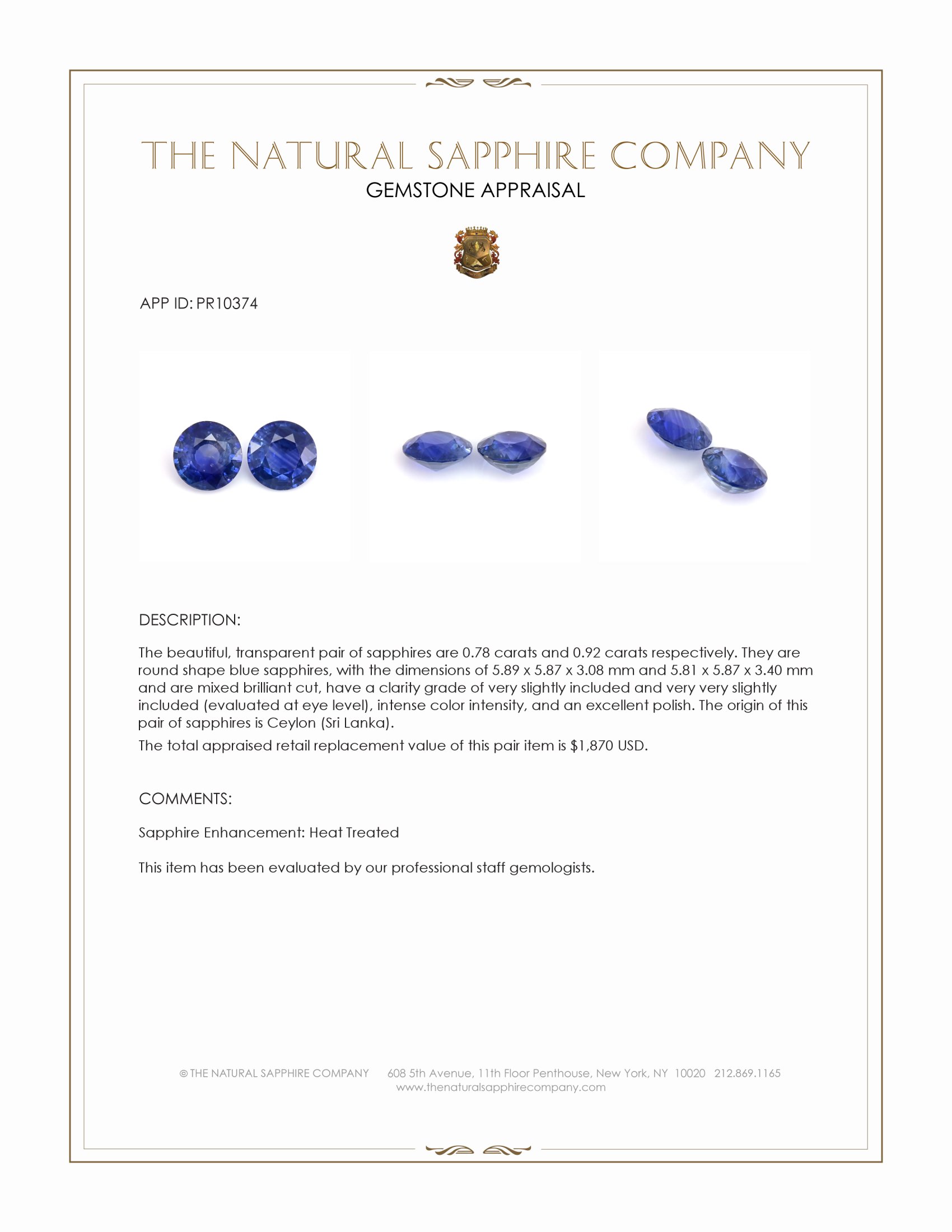 1.70 Ct.Tw. Blue Sapphire Pair from Ceylon (Sri Lanka)