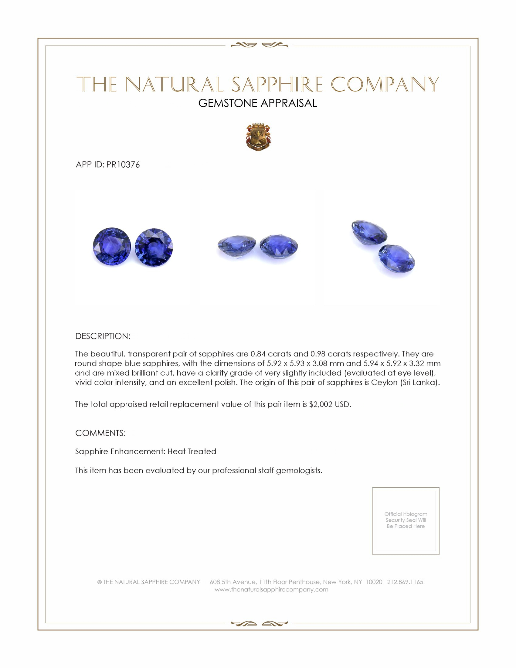 1.82 Ct.Tw. Blue Sapphire Pair from Ceylon (Sri Lanka)