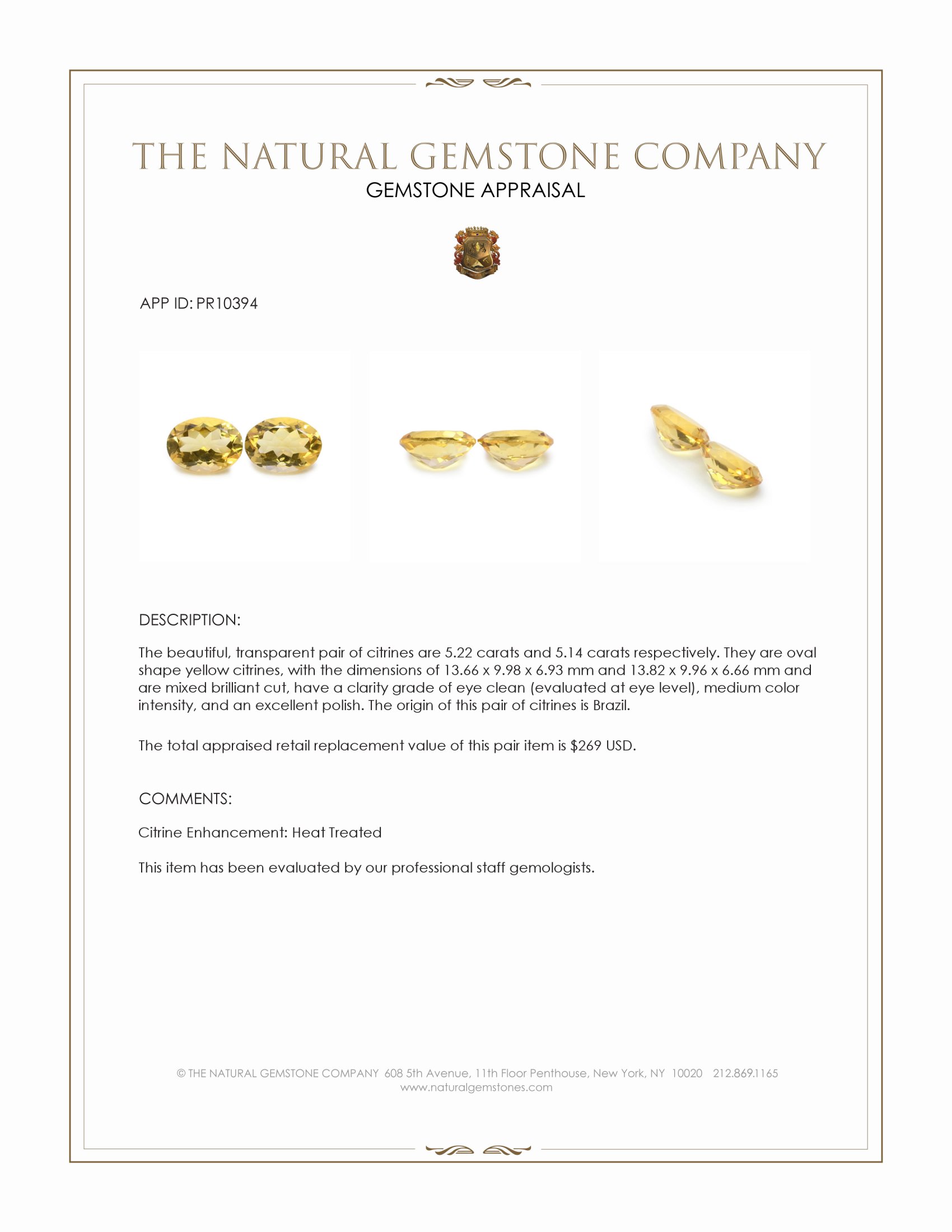 10.36 Ct.Tw. Yellow Citrine Pair from Brazil