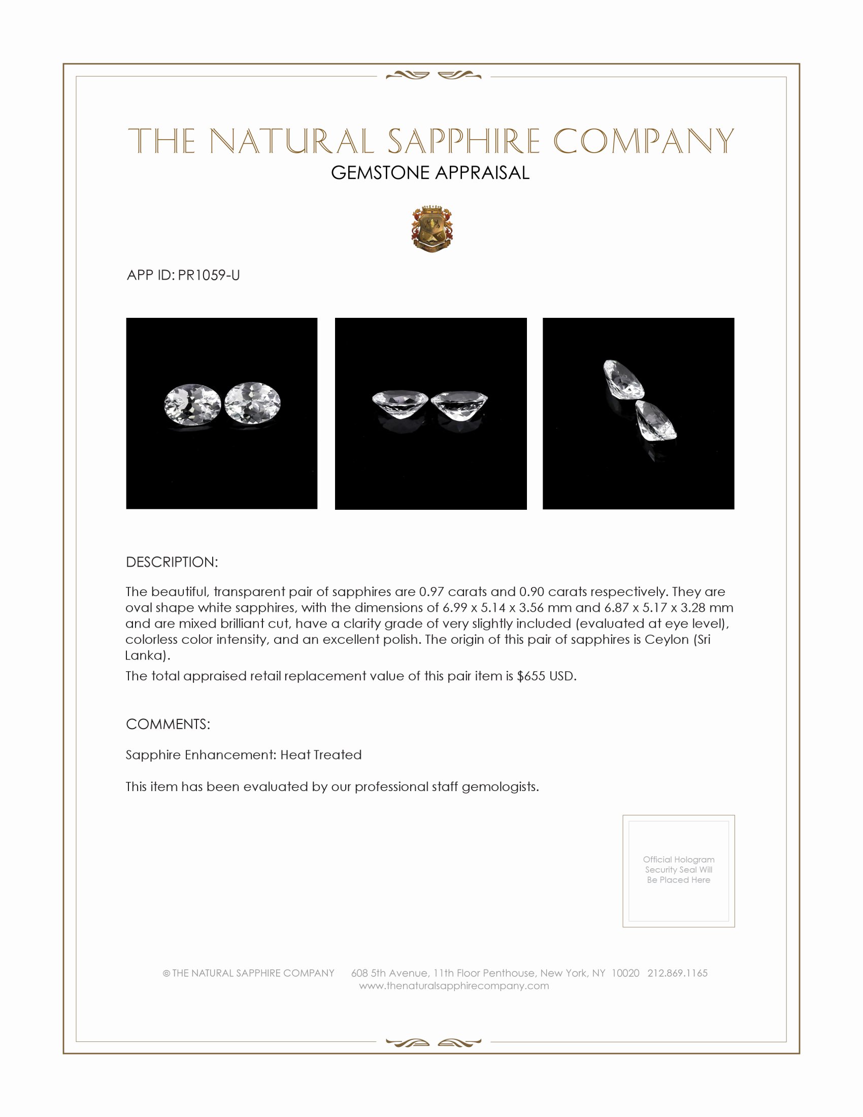 1.87 Ct.Tw. White Sapphire Pair from Ceylon (Sri Lanka)