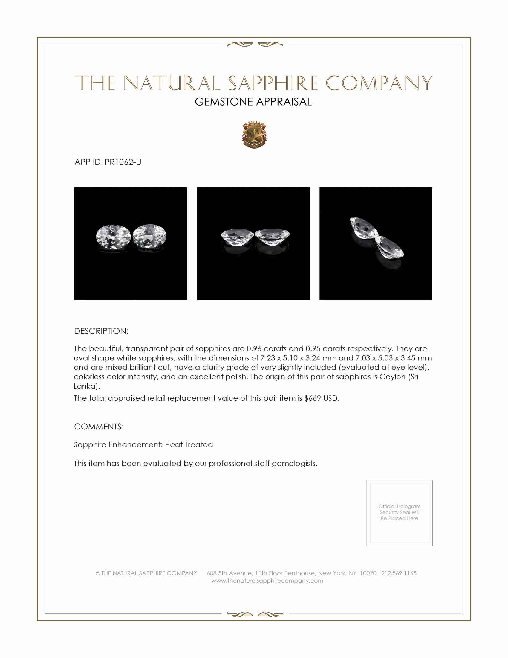 1.91 Ct.Tw. White Sapphire Pair from Ceylon (Sri Lanka)