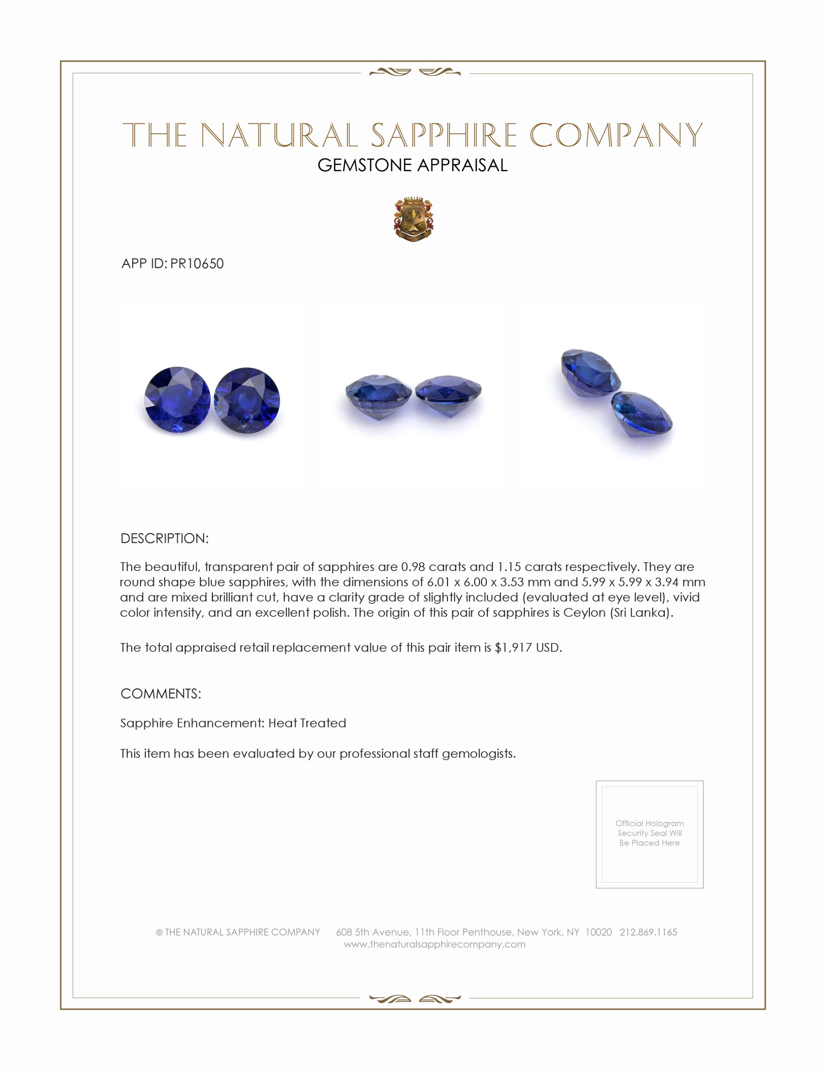 2.13 Ct.Tw. Blue Sapphire Pair from Ceylon (Sri Lanka)