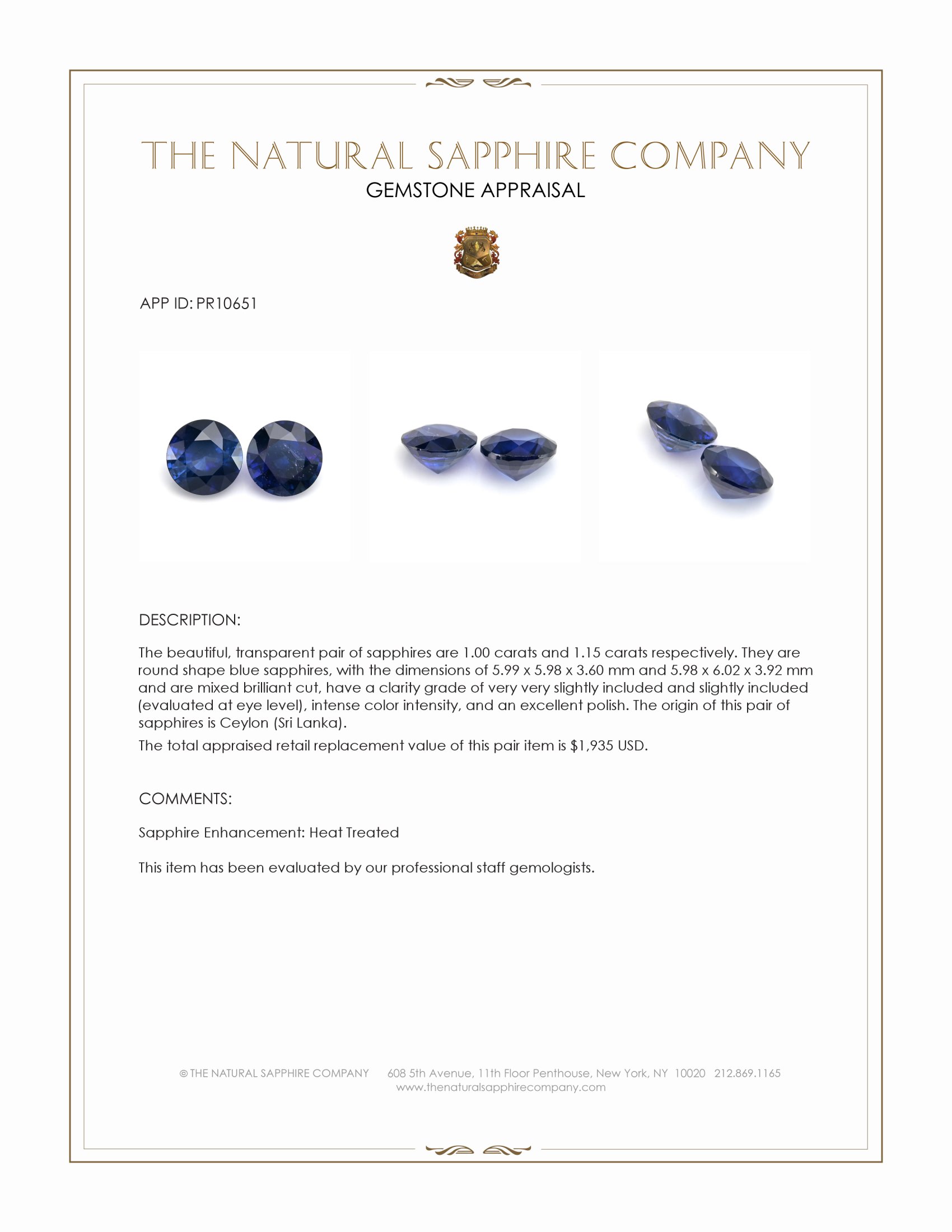2.15 Ct.Tw. Blue Sapphire Pair from Ceylon (Sri Lanka)