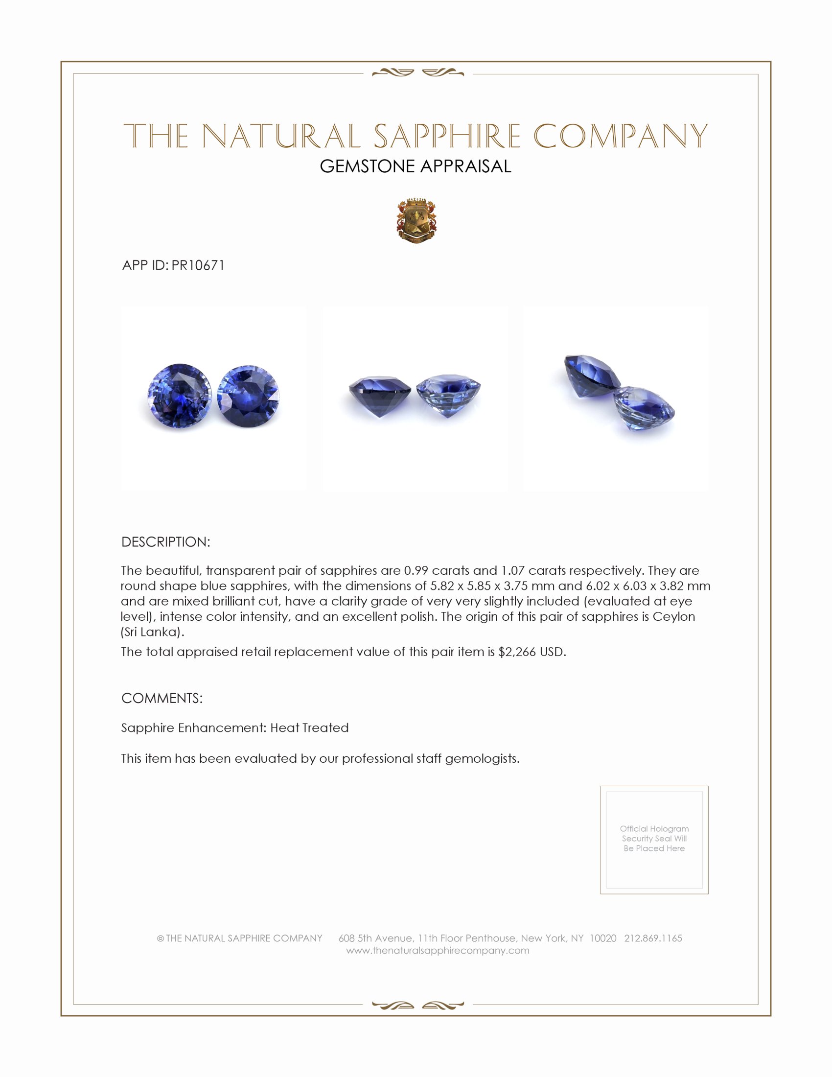 2.06 Ct.Tw. Blue Sapphire Pair from Ceylon (Sri Lanka)