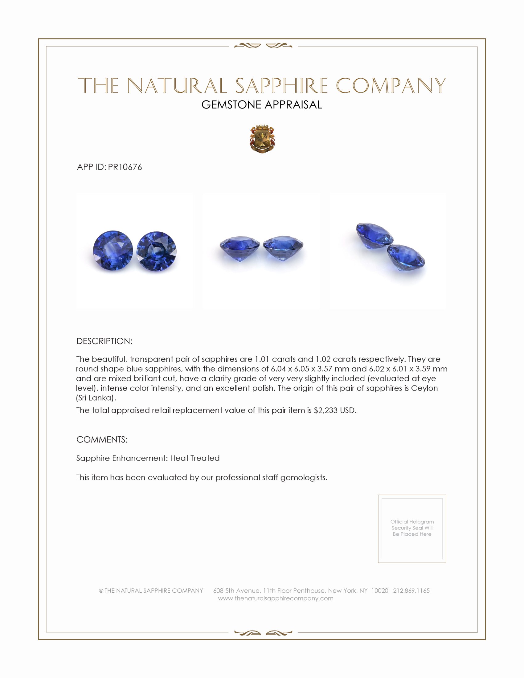 2.03 Ct.Tw. Blue Sapphire Pair from Ceylon (Sri Lanka)
