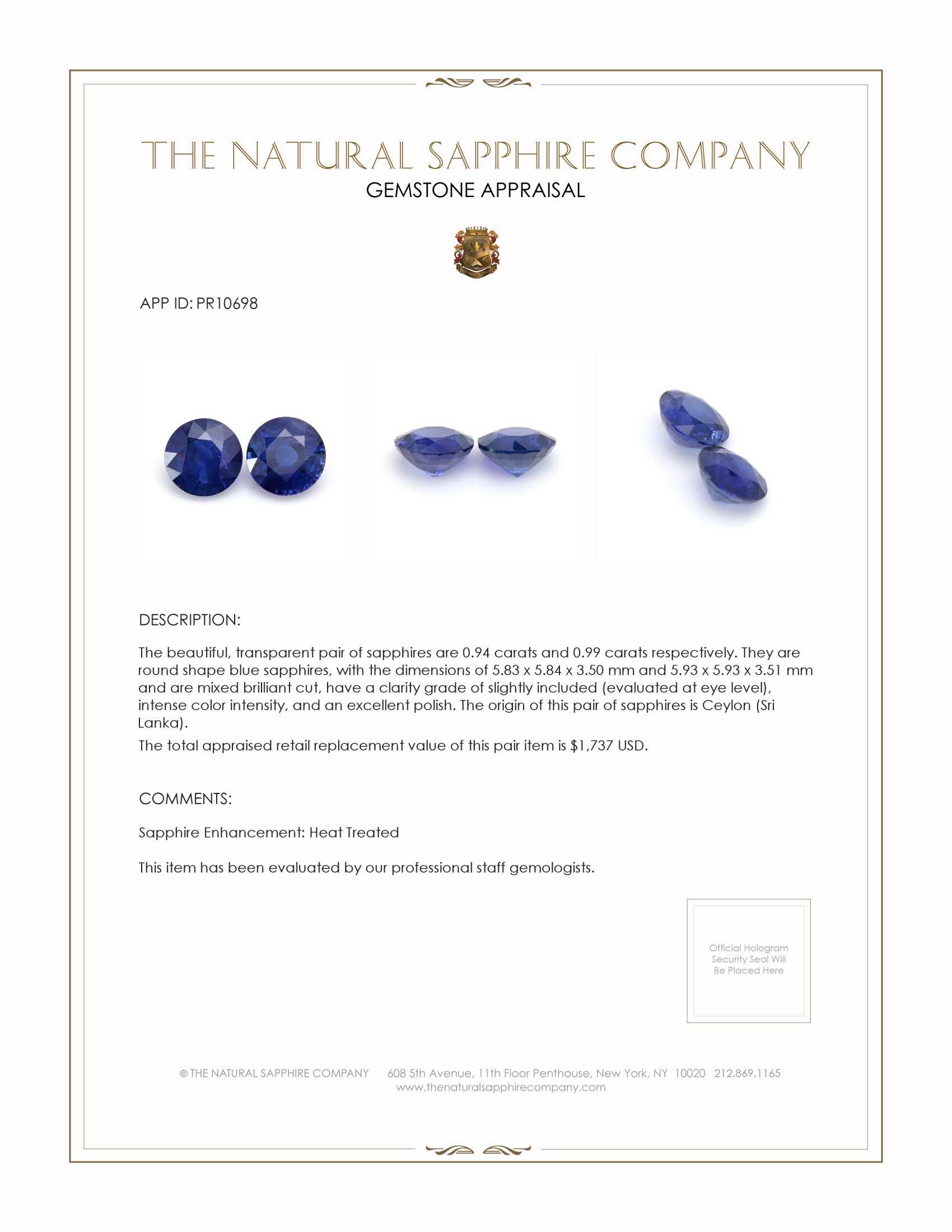 1.93 Ct.Tw. Blue Sapphire Pair from Ceylon (Sri Lanka)