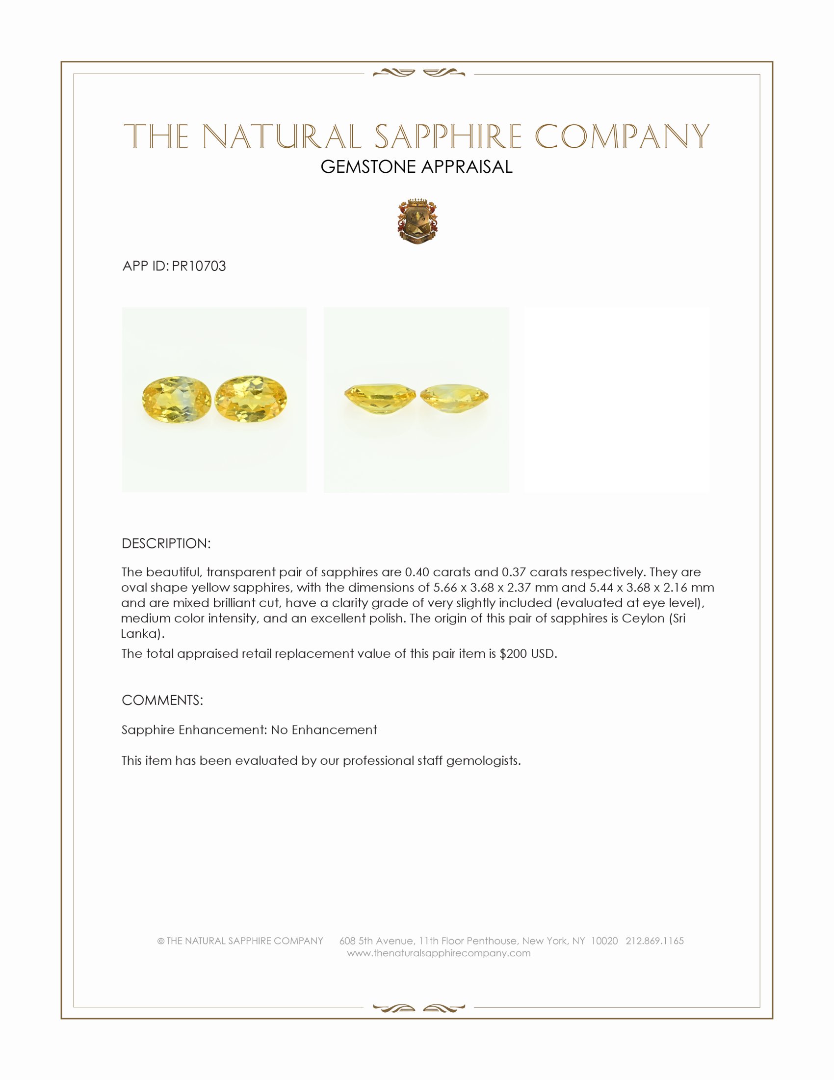 0.77 Ct.Tw. Yellow Sapphire Pair from Ceylon (Sri Lanka)