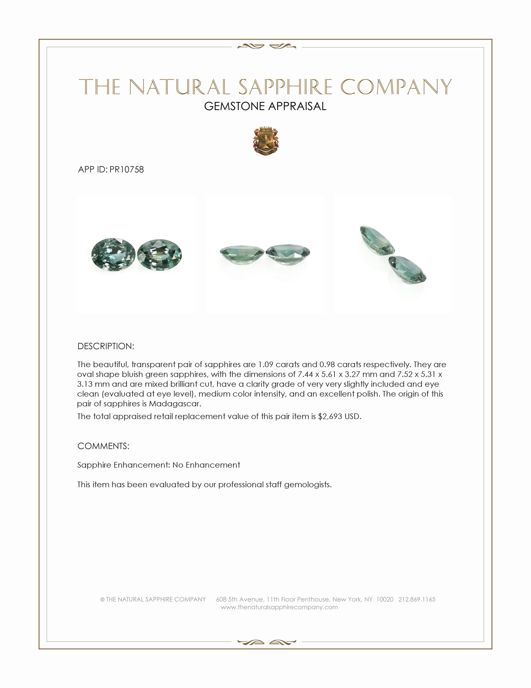2.07 Ct.Tw. Bluish Green Sapphire Pair from Madagascar