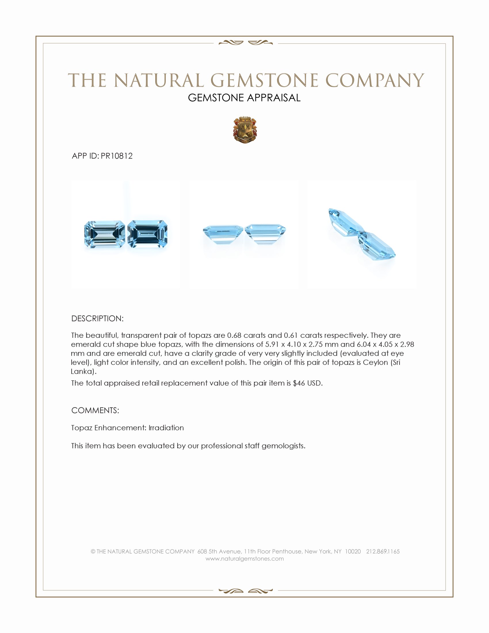 1.29 Ct.Tw. Blue Topaz Pair from Ceylon (Sri Lanka)