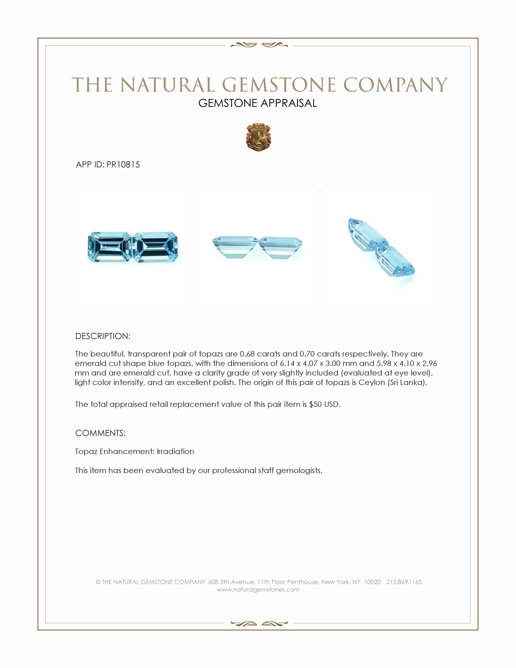 1.38 Ct.Tw. Blue Topaz Pair from Ceylon (Sri Lanka)