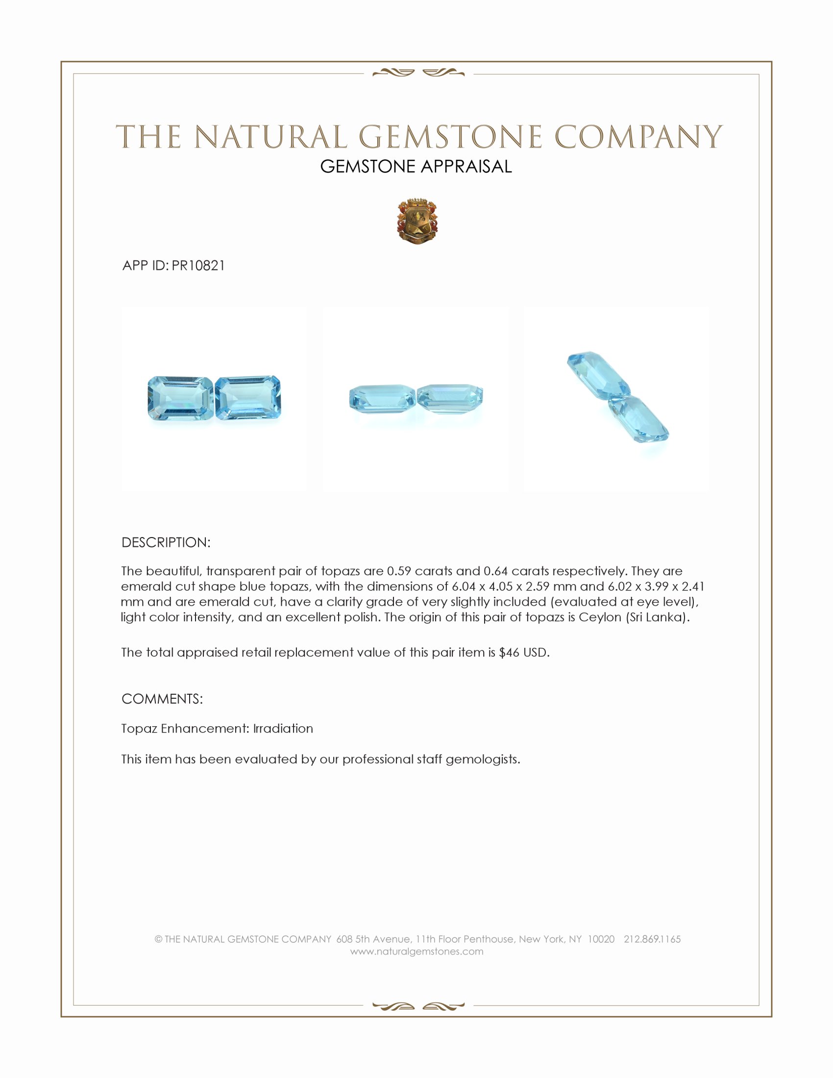 1.23 Ct.Tw. Blue Topaz Pair from Ceylon (Sri Lanka)