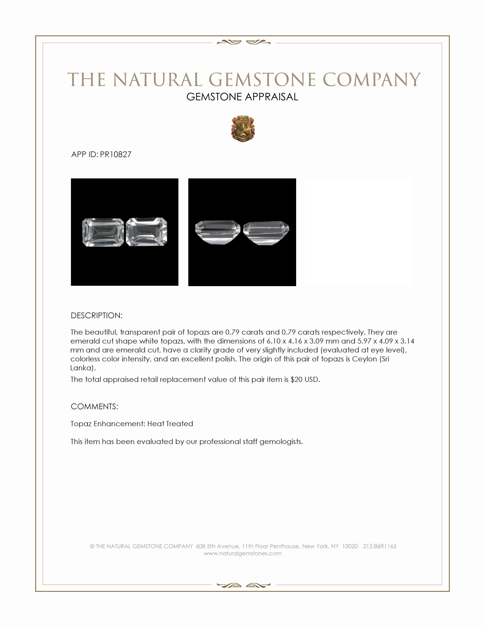 1.58 Ct.Tw. White Topaz Pair from Ceylon (Sri Lanka)