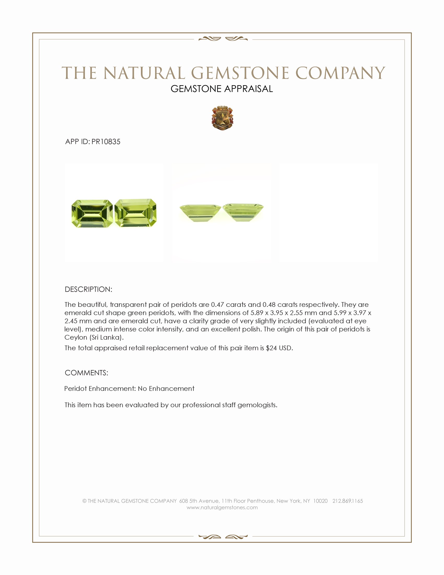 0.95 Ct.Tw. Green Peridot Pair from Ceylon (Sri Lanka)