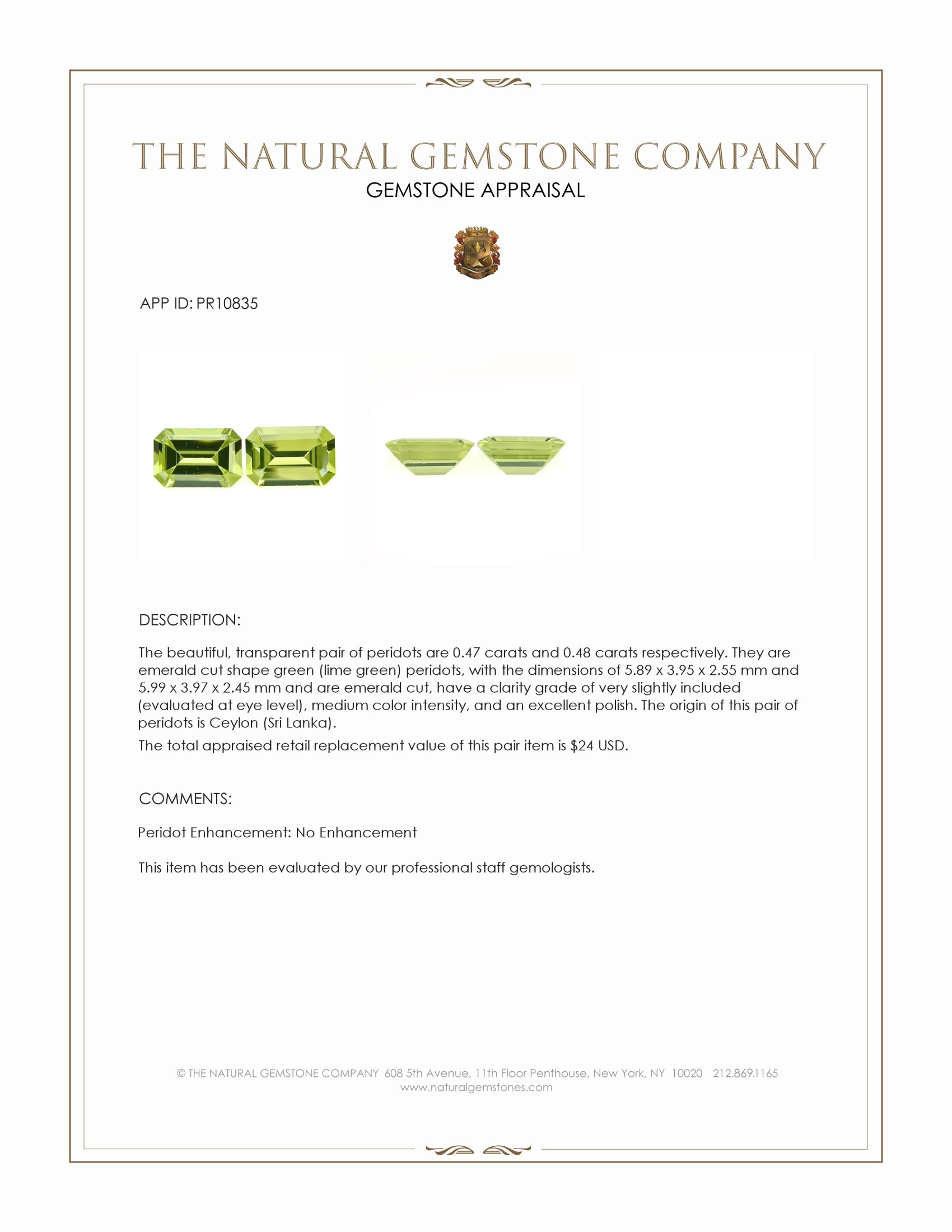 0.95 Ct.Tw. Green (Lime Green) Peridot Pair from Ceylon (Sri Lanka)