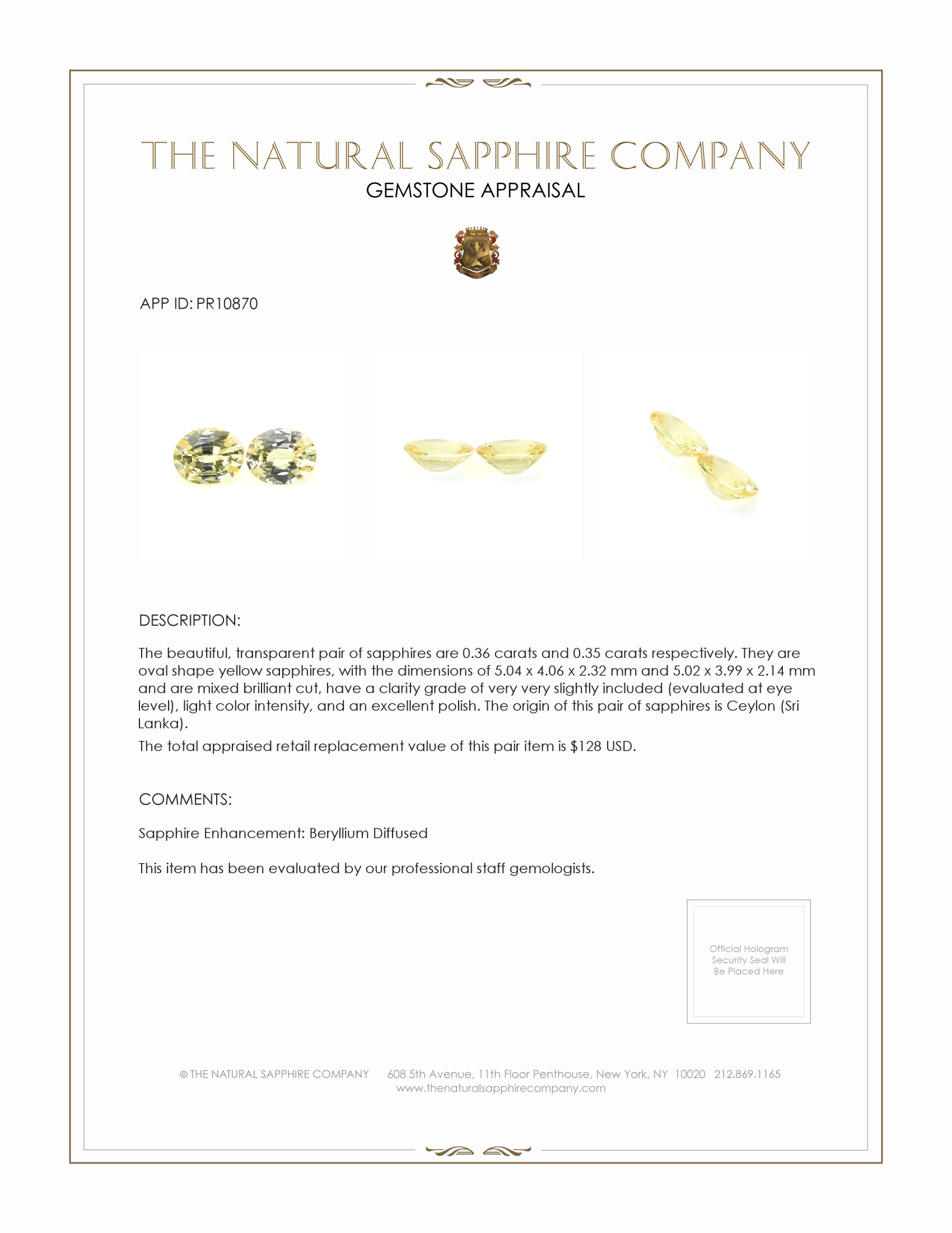 0.71 Ct.Tw. Yellow Sapphire Pair from Ceylon (Sri Lanka)