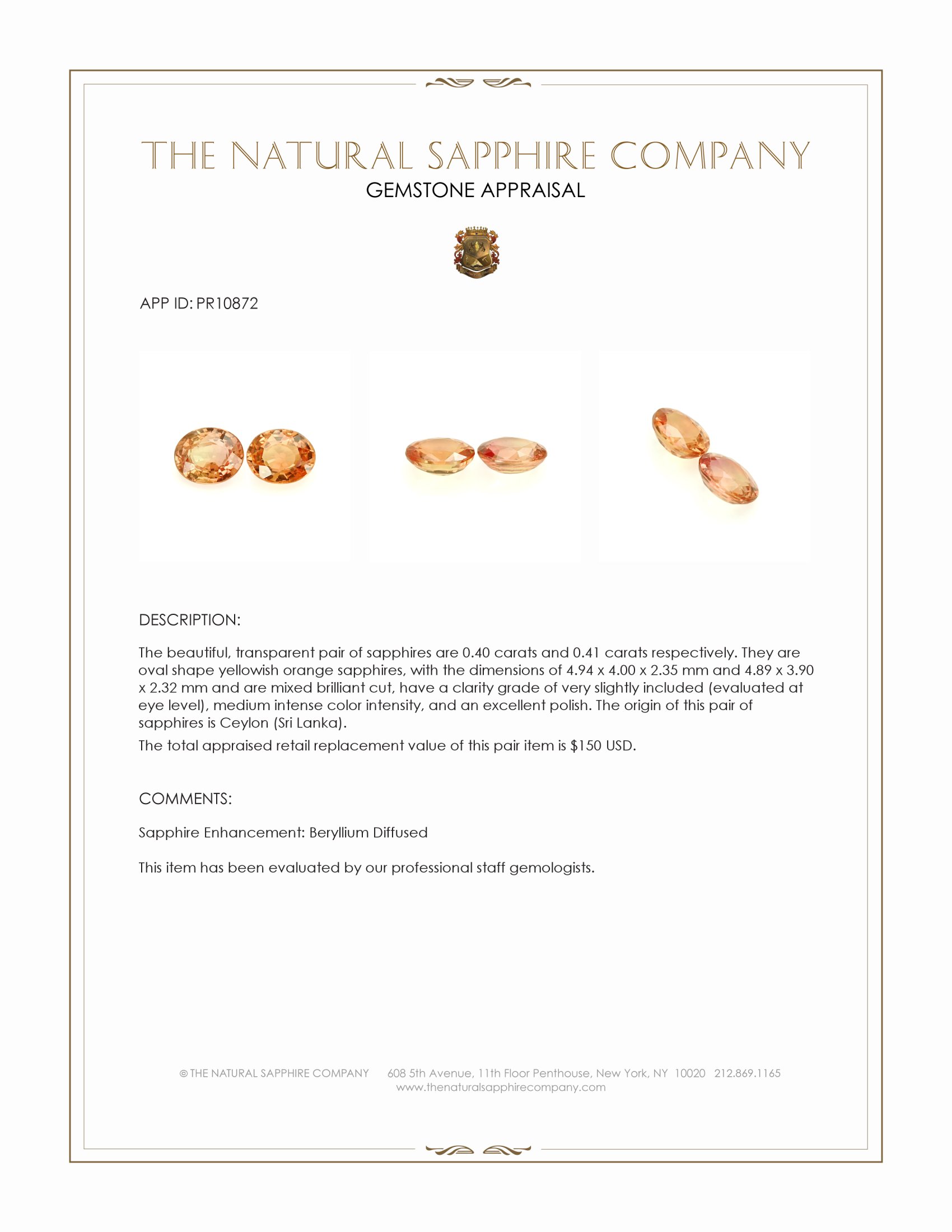 0.81 Ct.Tw. Yellowish Orange Sapphire Pair from Ceylon (Sri Lanka)