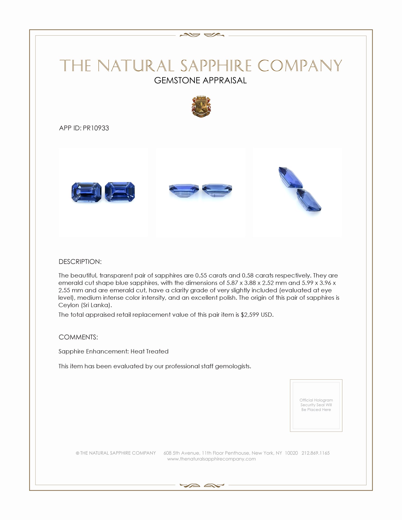 1.13 Ct.Tw. Blue Sapphire Pair from Ceylon (Sri Lanka)