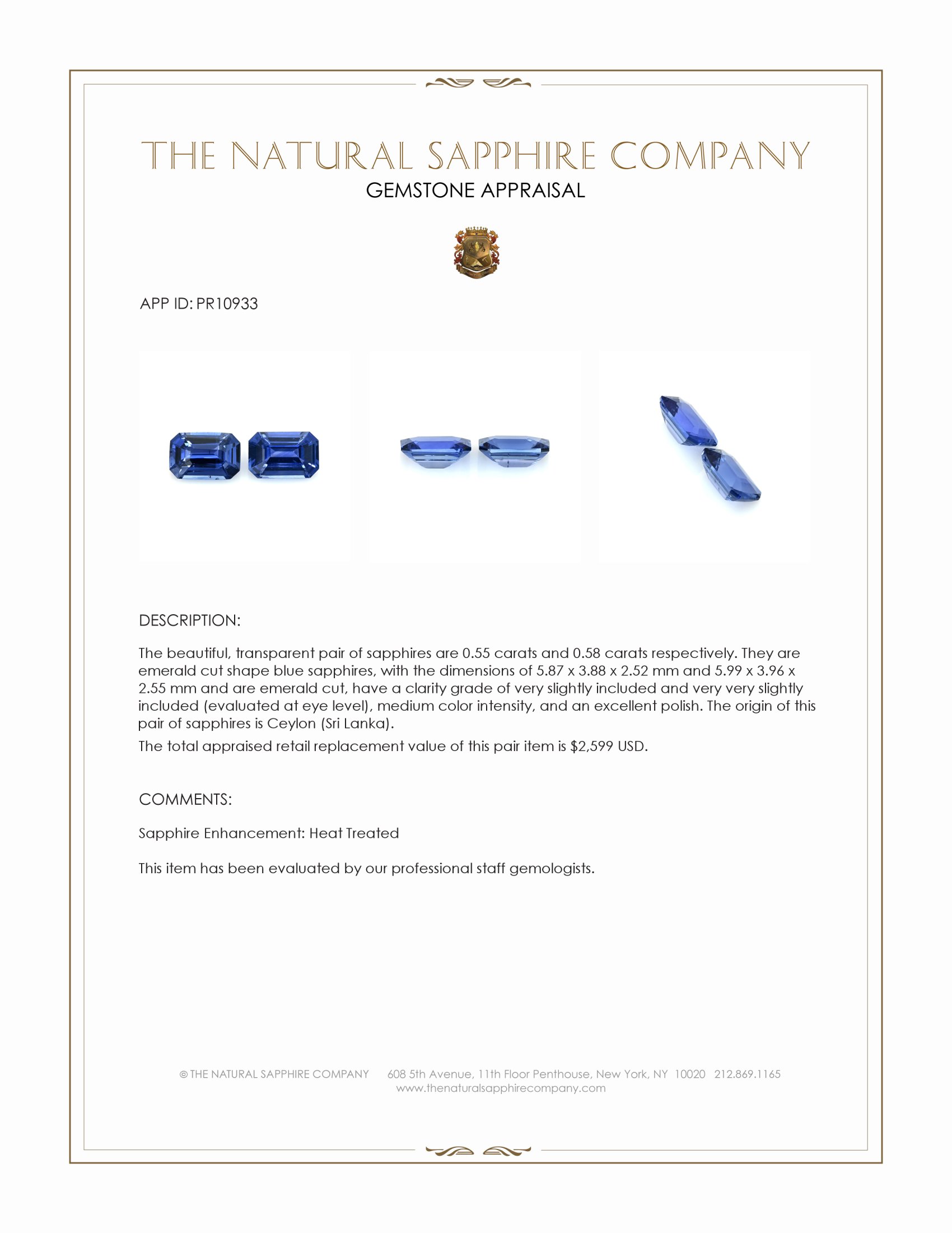 1.13 Ct.Tw. Blue Sapphire Pair from Ceylon (Sri Lanka)