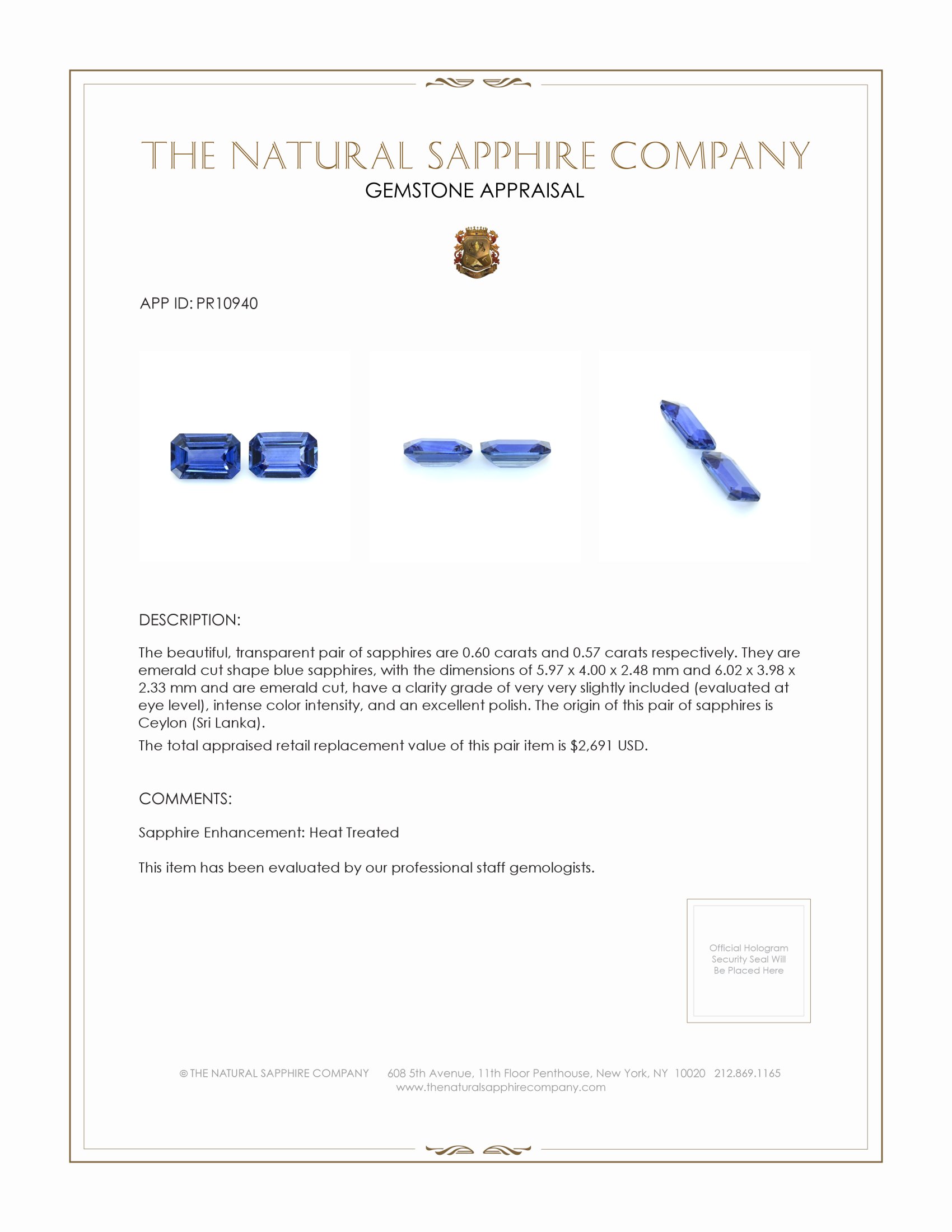 1.17 Ct.Tw. Blue Sapphire Pair from Ceylon (Sri Lanka)