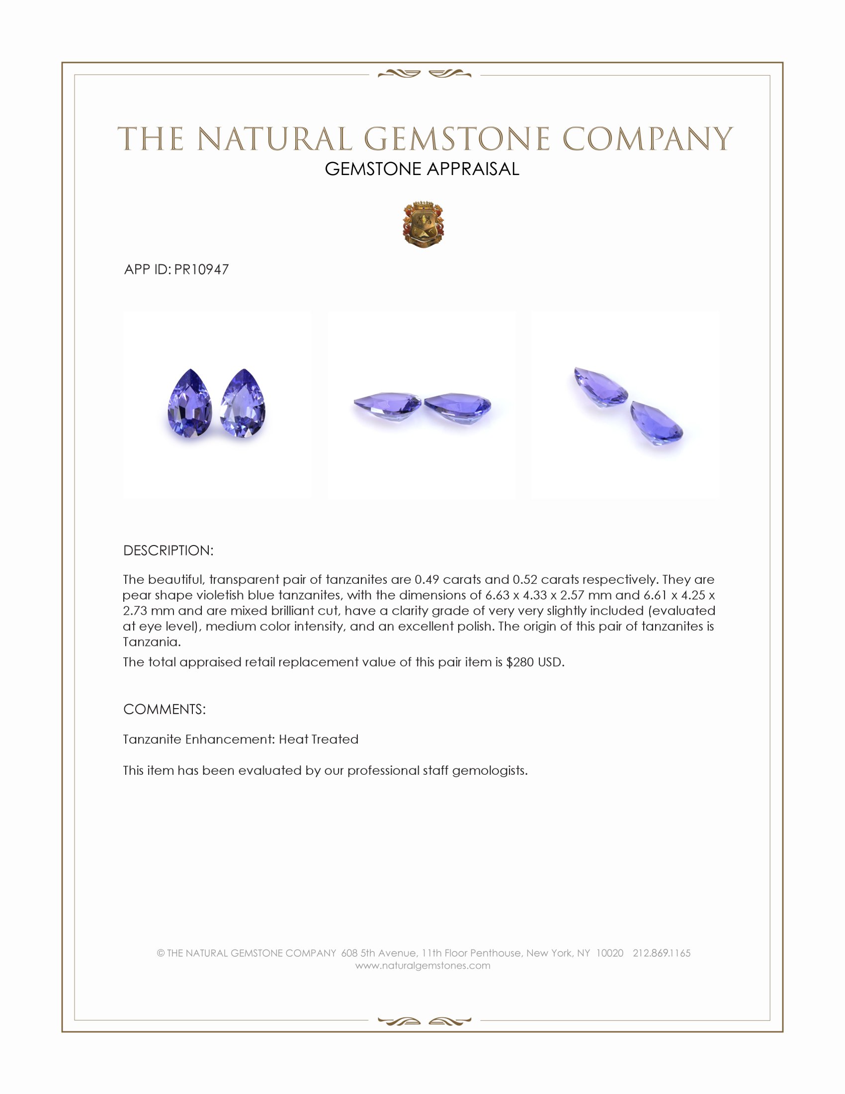 1.01 Ct.Tw. Violetish Blue Tanzanite Pair from Tanzania
