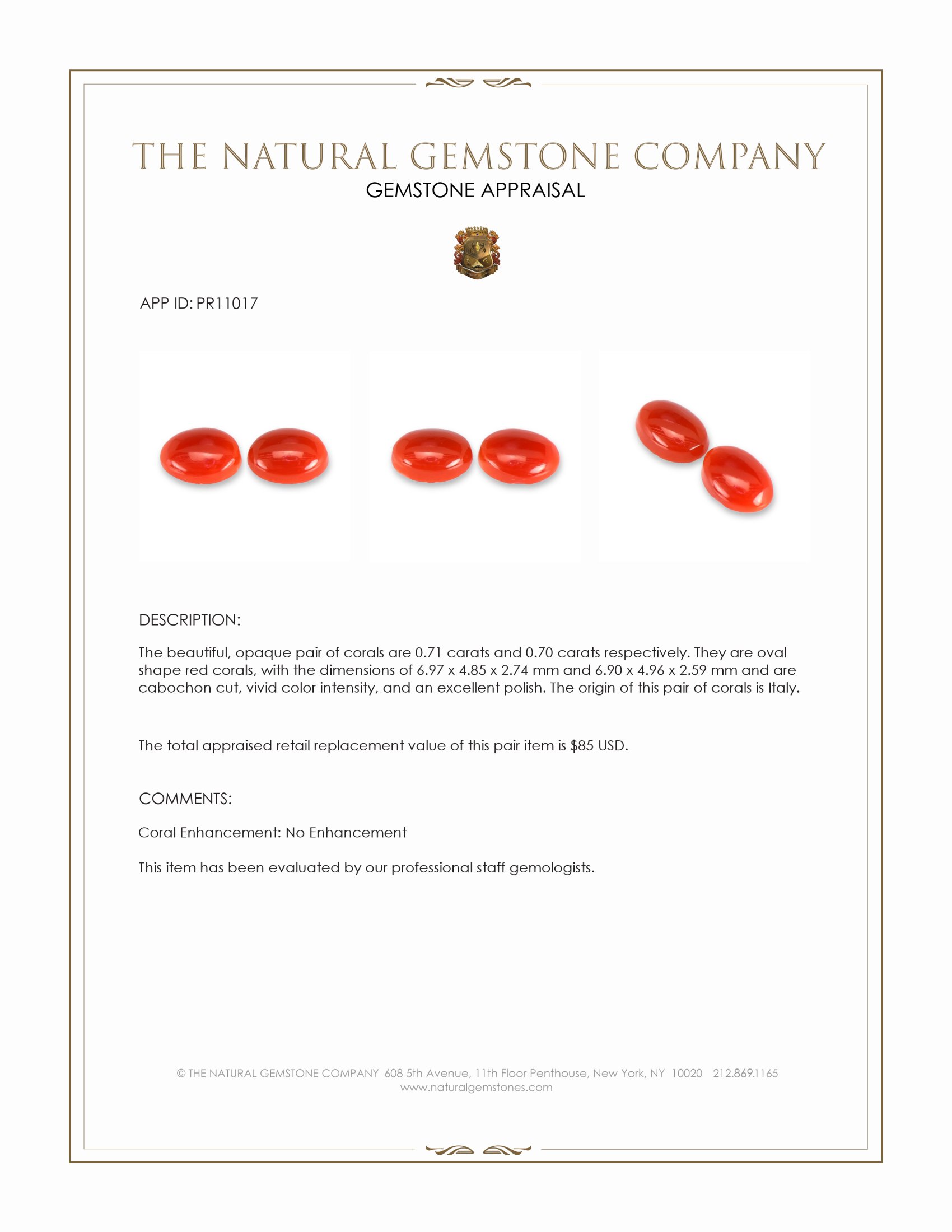 1.41 Ct.Tw. Cabochon Coral Pair from Italy