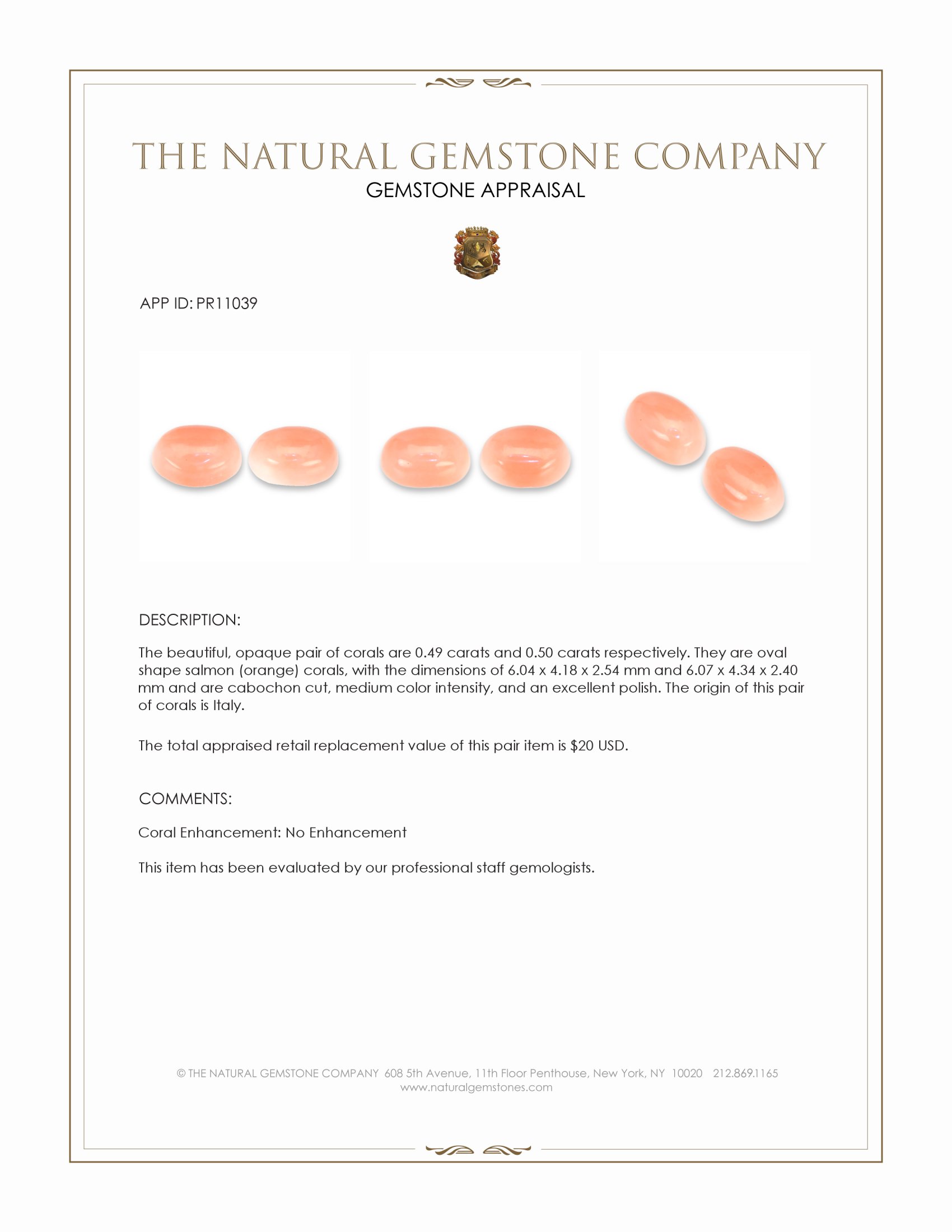 0.99 Ct.Tw. Salmon (Orange) Cabochon Coral Pair from Italy