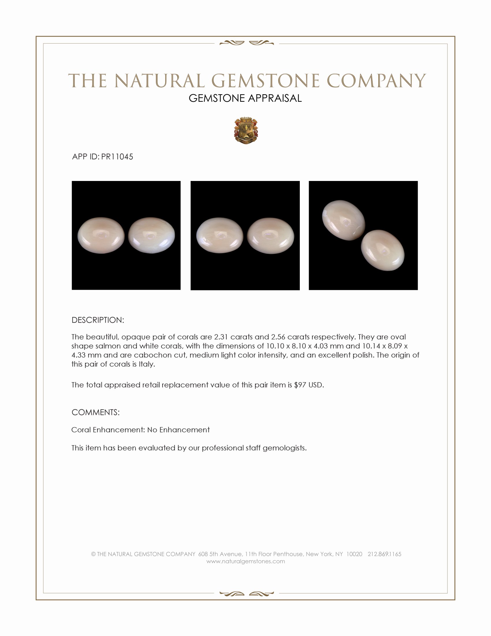 4.87 Ct.Tw. Cabochon Coral Pair from Italy