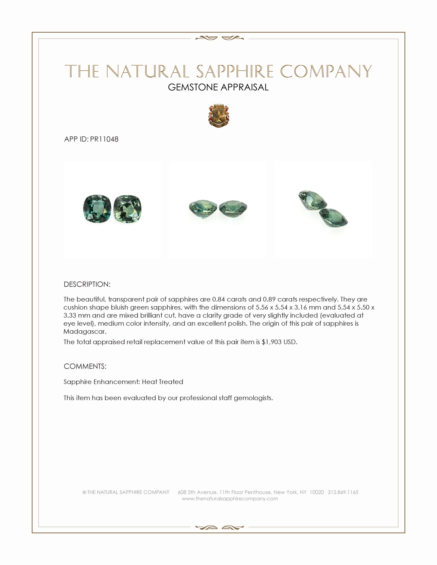 1.73 Ct.Tw. Bluish Green Sapphire Pair from Madagascar