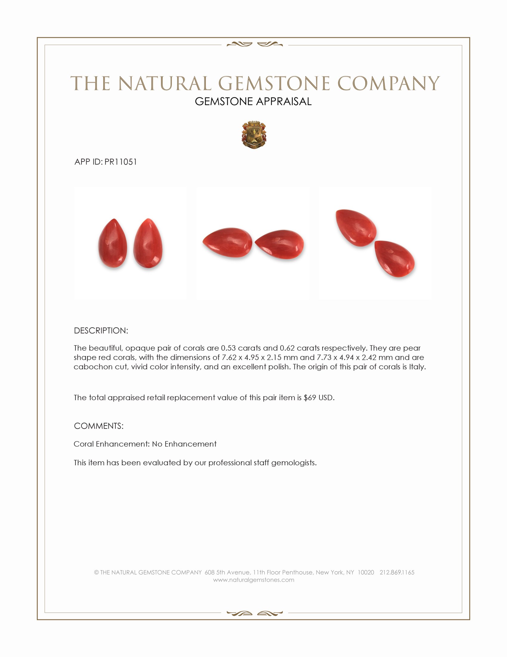 1.15 Ct.Tw. Cabochon Coral Pair from Italy