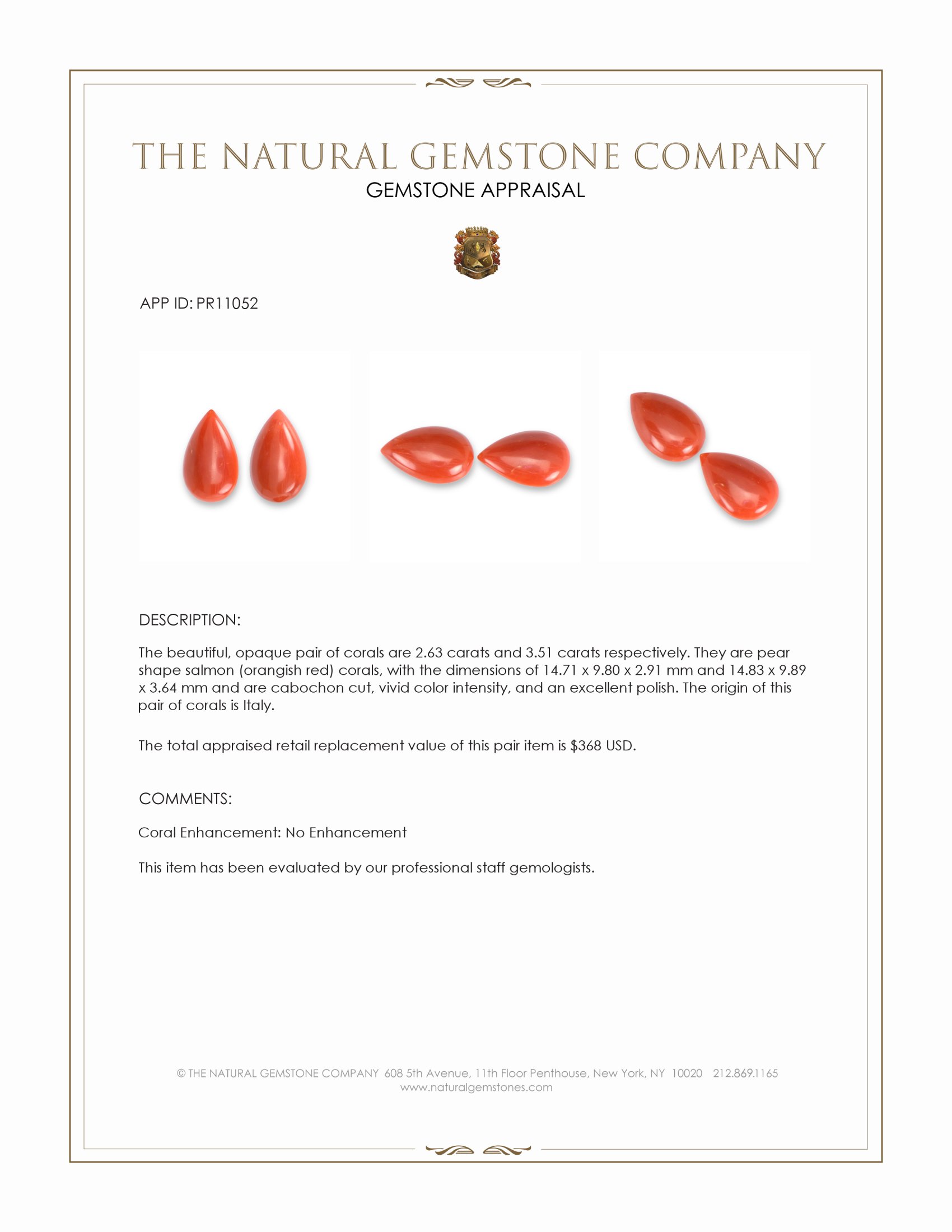 6.14 Ct.Tw. Salmon (Orangish Red) Cabochon Coral Pair from Italy